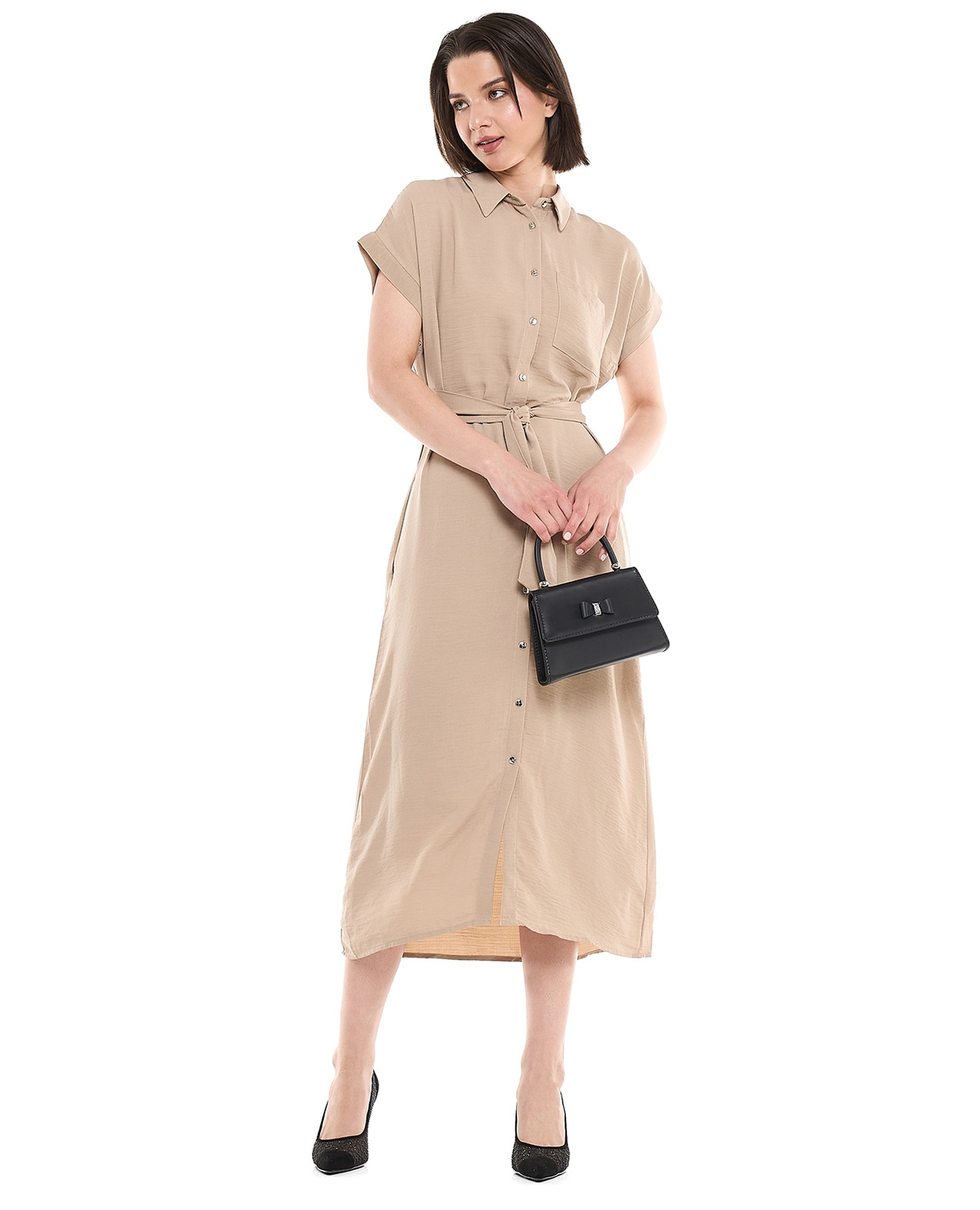 Belted Shirt Dress with Classic Collar and Short Sleeves
