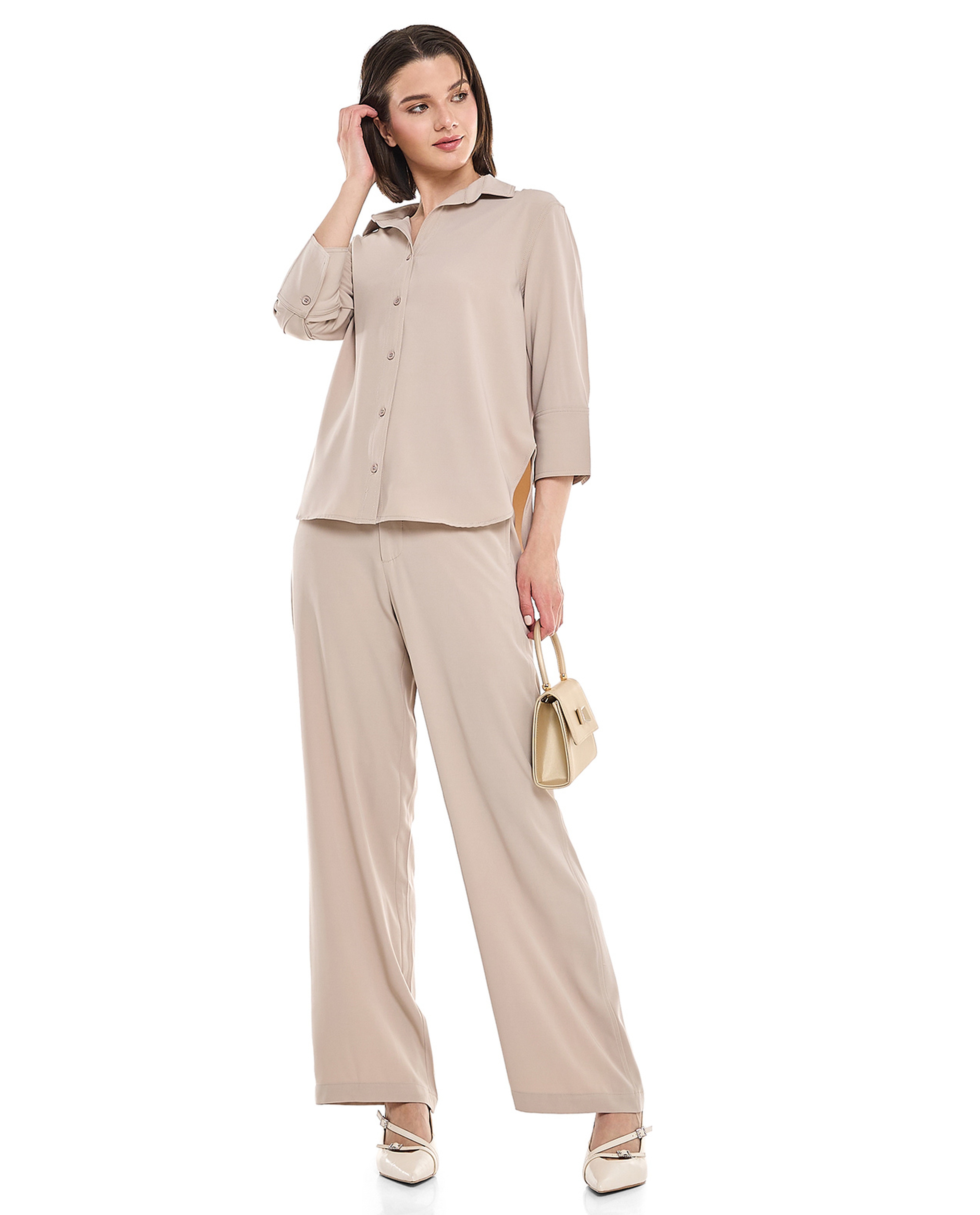 Solid Shirt with Classic Collar and 3/4 Sleeves