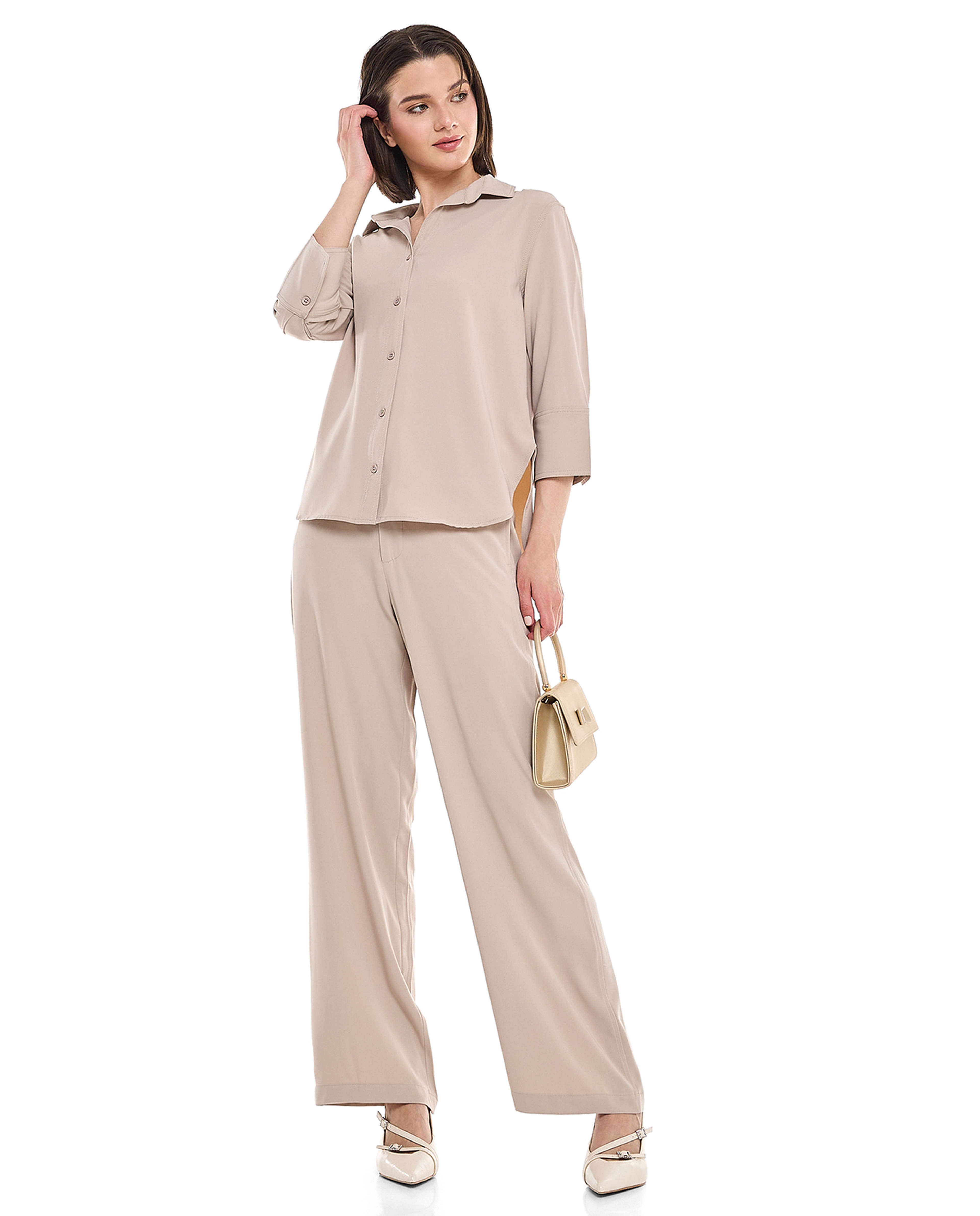 Solid Shirt with Classic Collar and 3/4 Sleeves