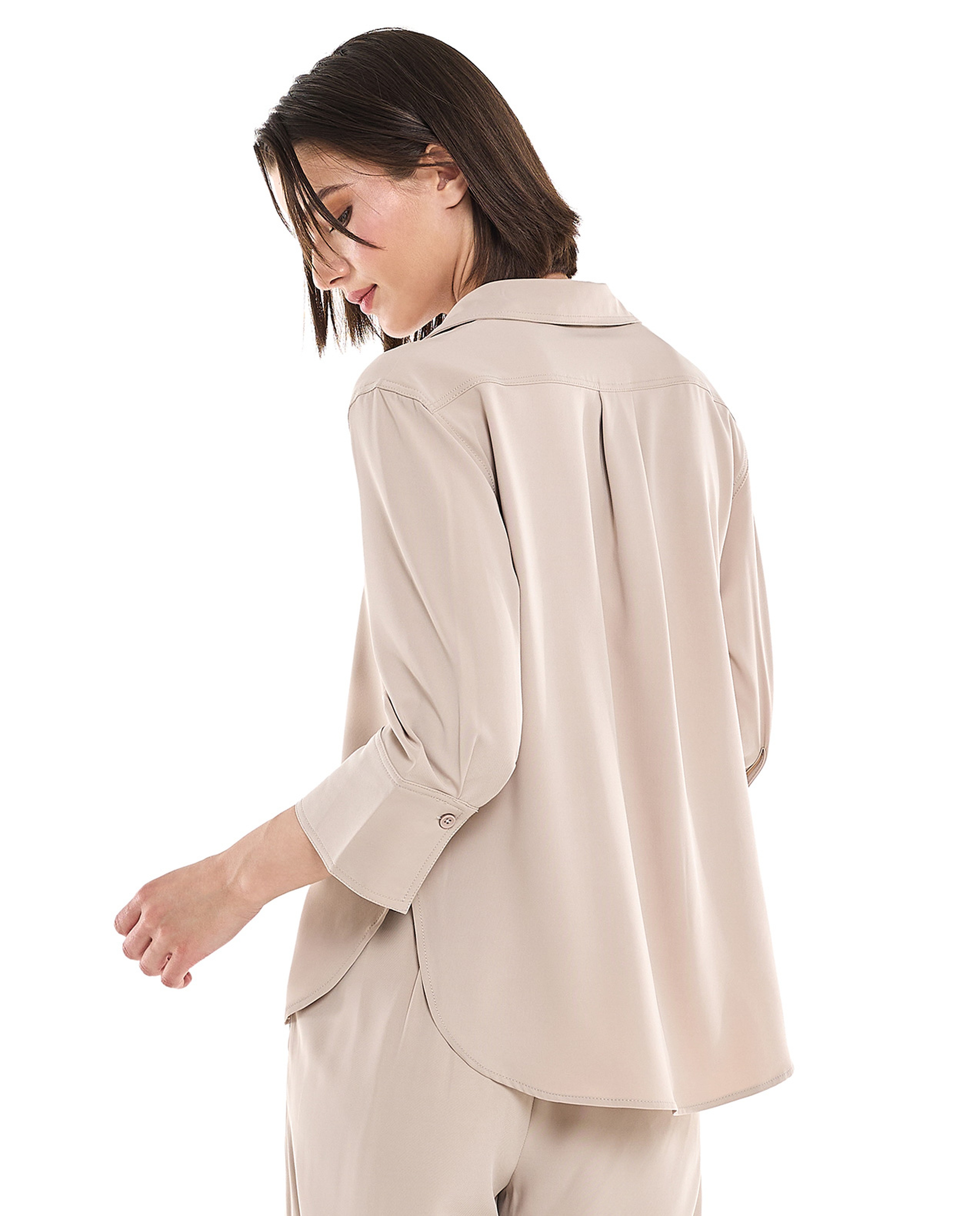 Solid Shirt with Classic Collar and 3/4 Sleeves