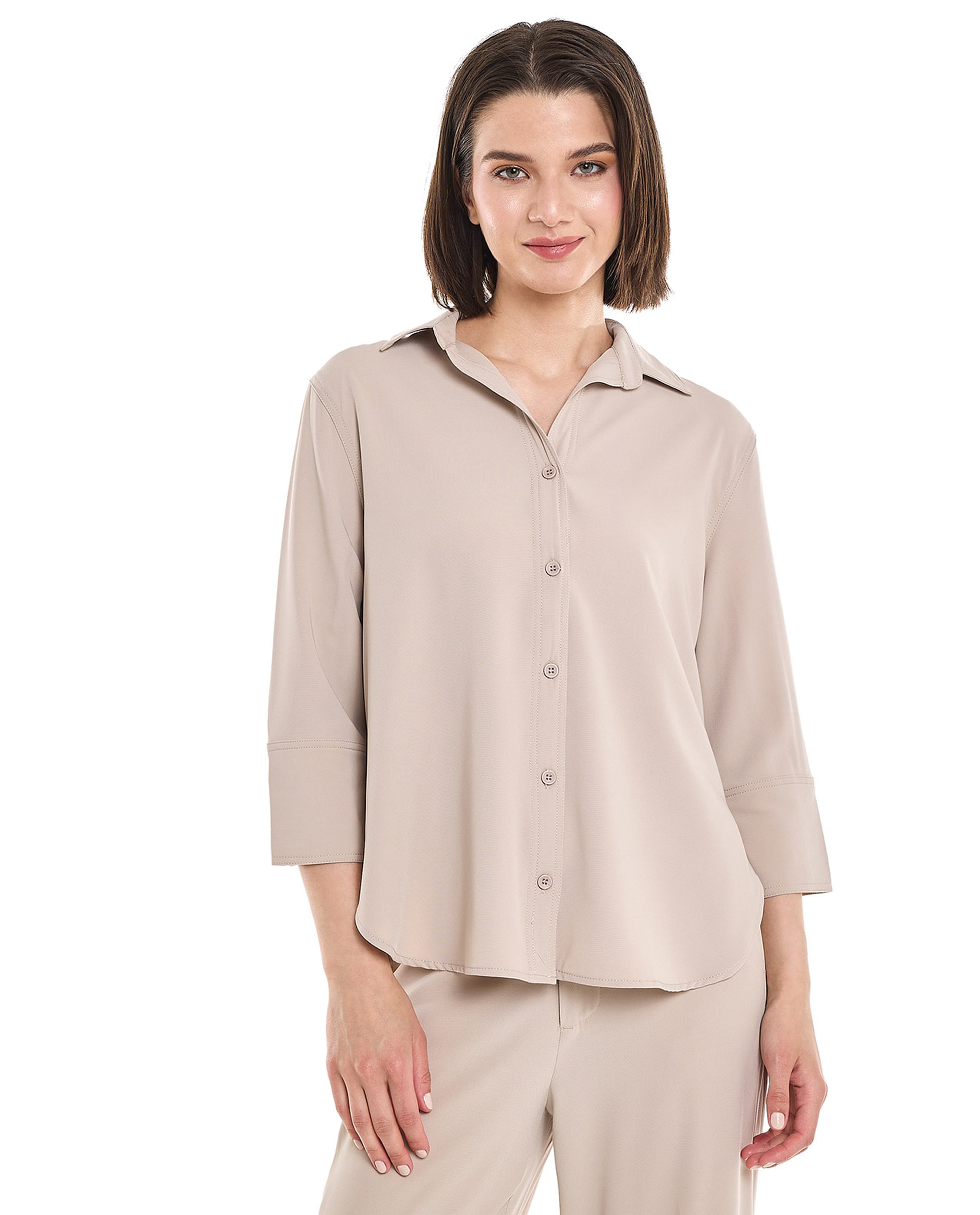 Solid Shirt with Classic Collar and 3/4 Sleeves