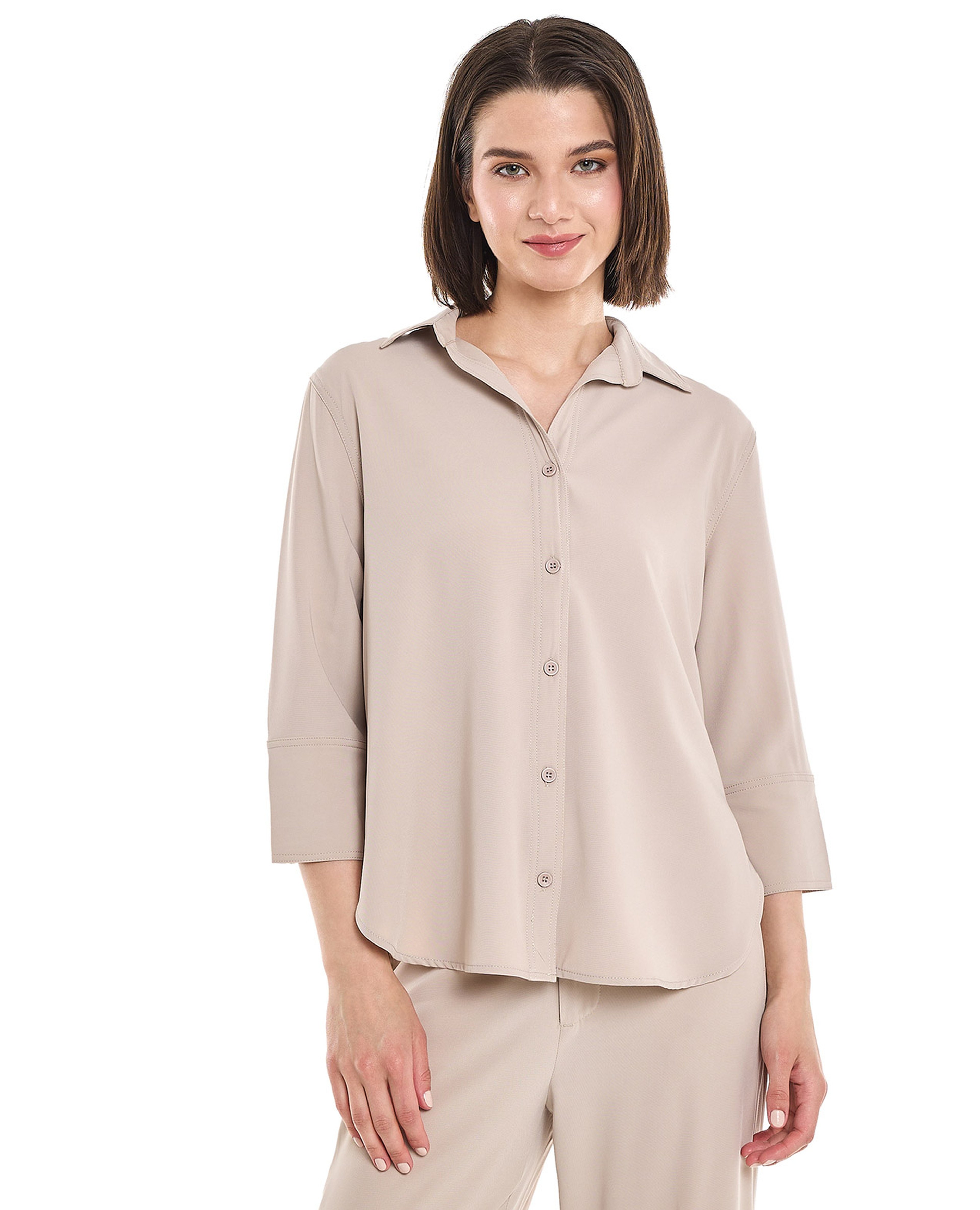 Solid Shirt with Classic Collar and 3/4 Sleeves