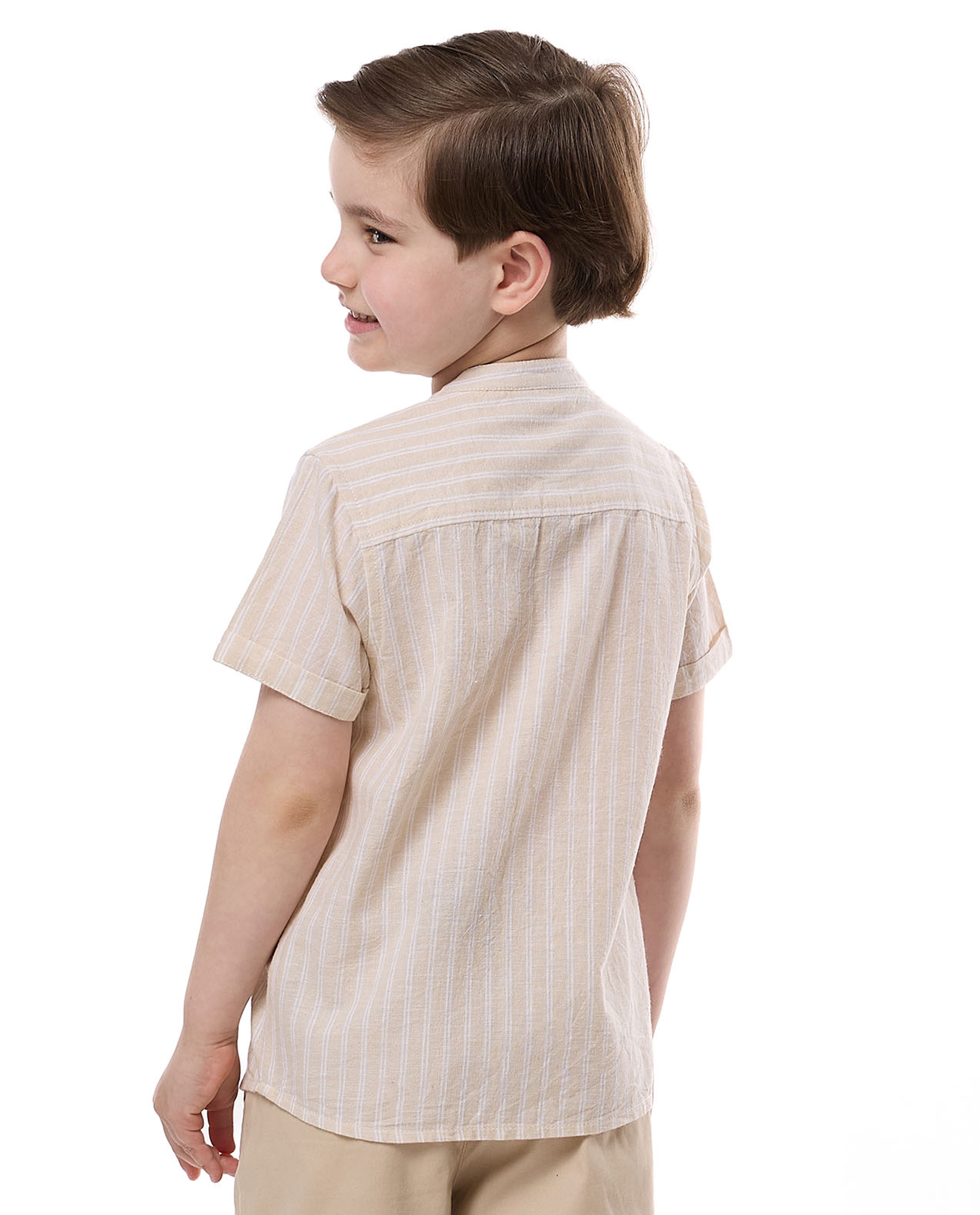 Striped Shirt with Mandarin Collar and Short Sleeves