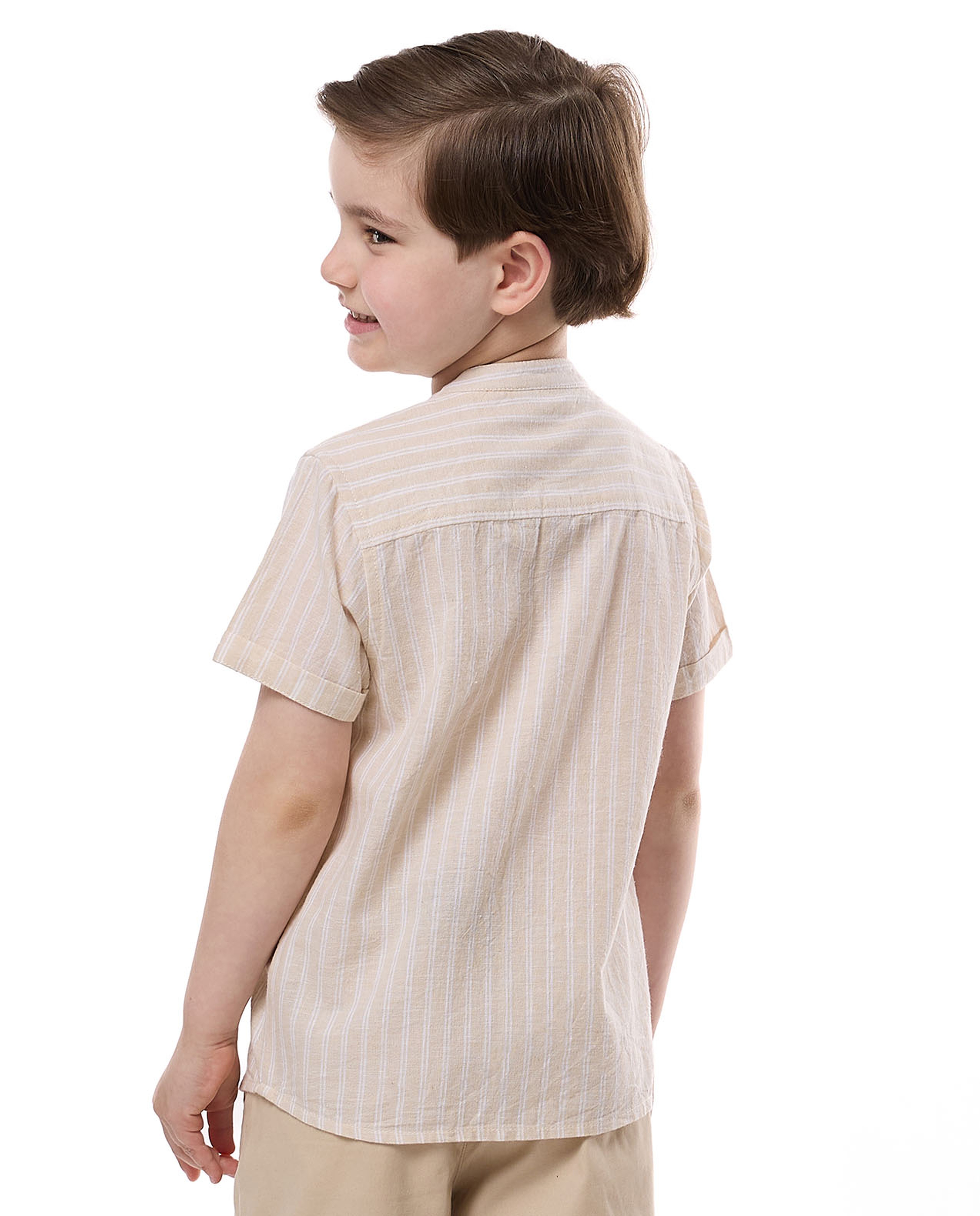 Striped Shirt with Mandarin Collar and Short Sleeves