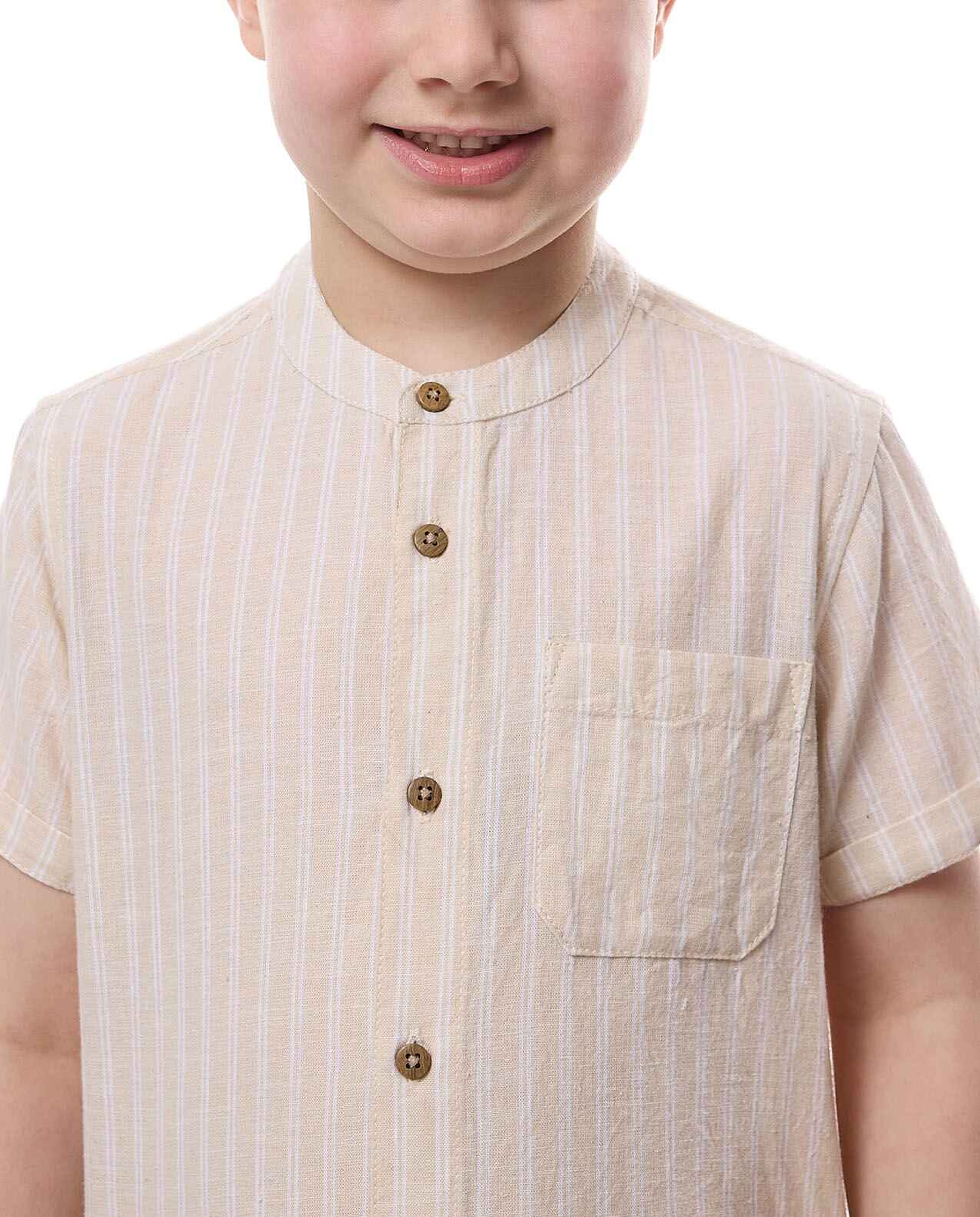 Striped Shirt with Mandarin Collar and Short Sleeves