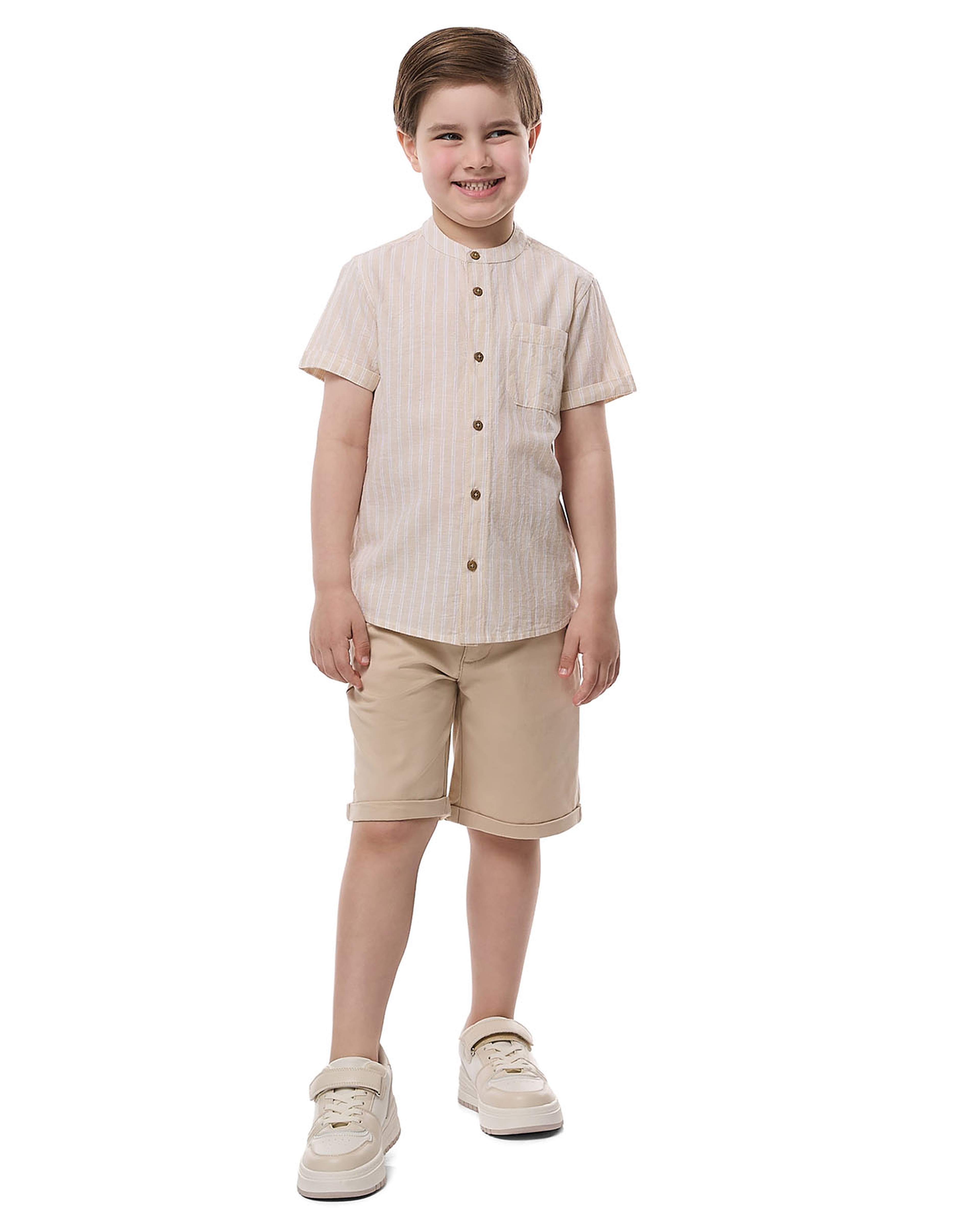 Striped Shirt with Mandarin Collar and Short Sleeves