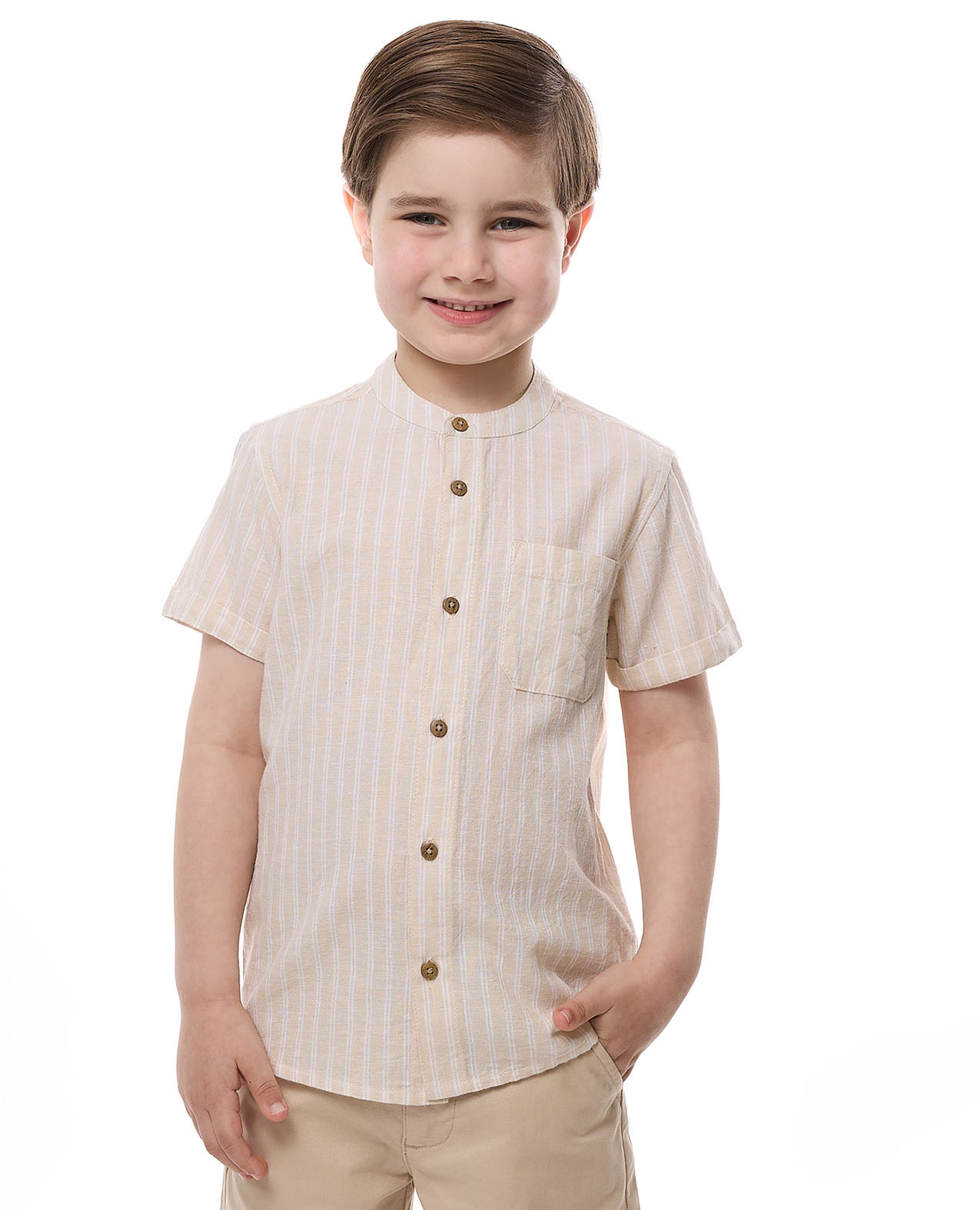 Striped Shirt with Mandarin Collar and Short Sleeves