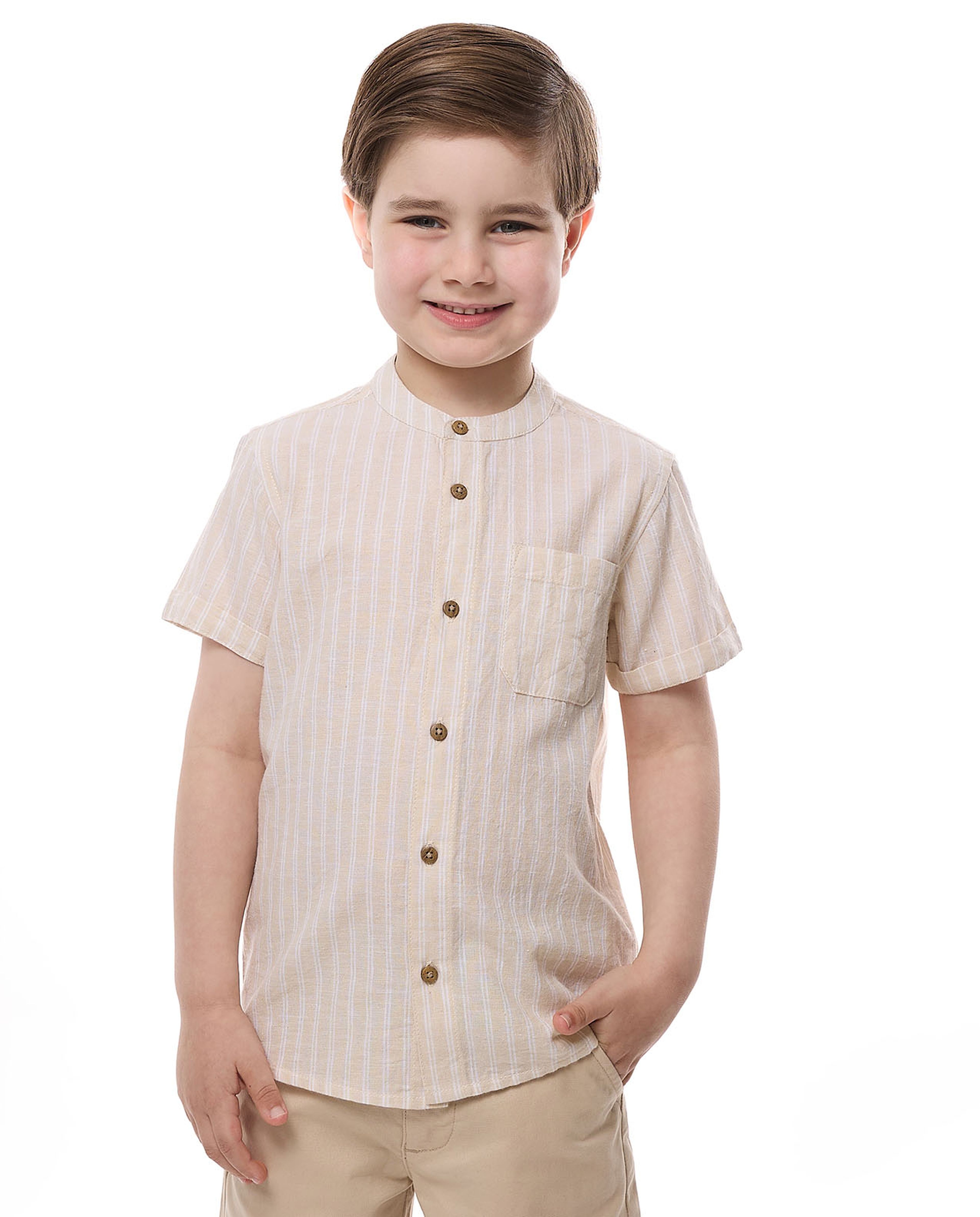 Striped Shirt with Mandarin Collar and Short Sleeves