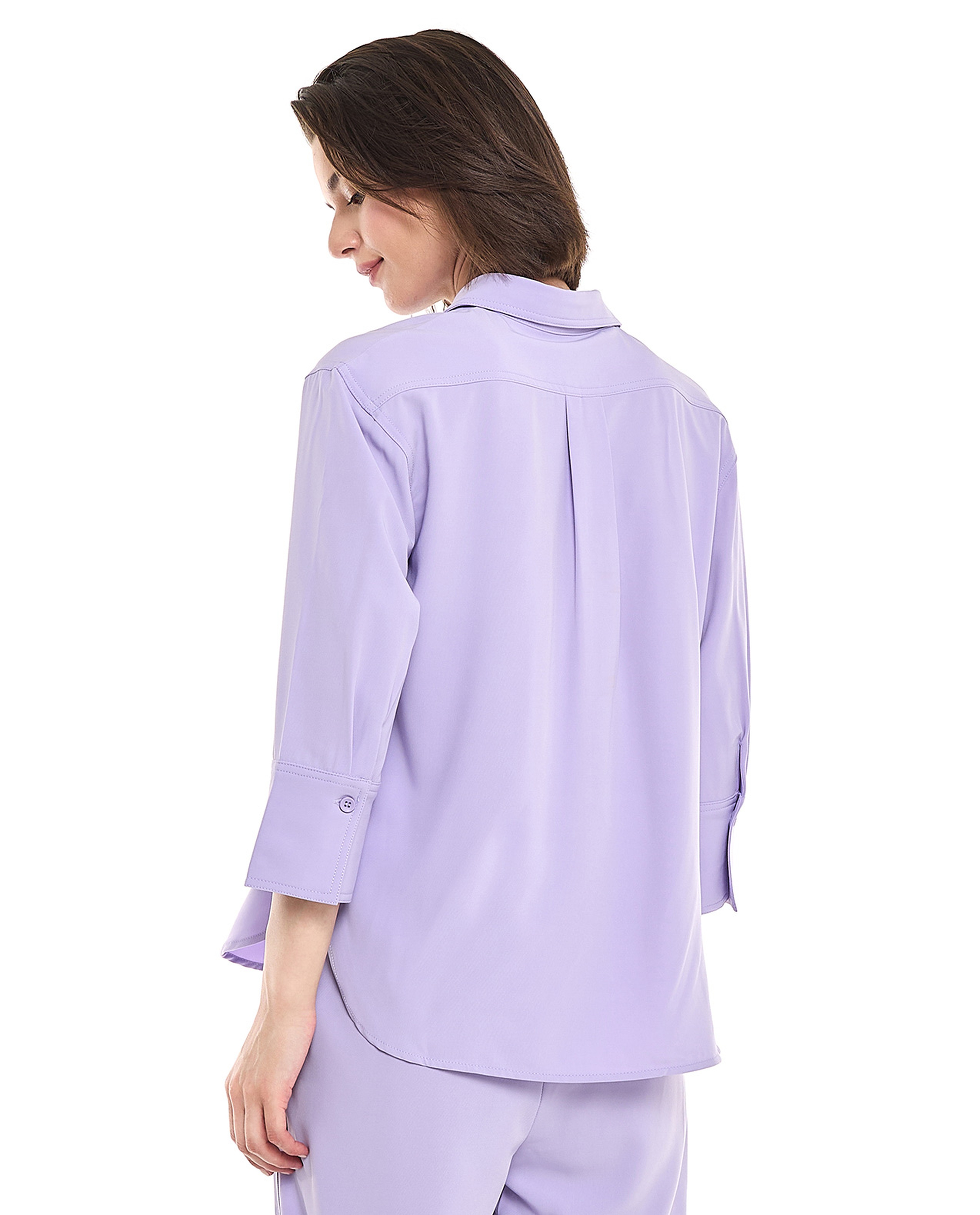 Solid Shirt with Classic Collar and 3/4 Sleeves