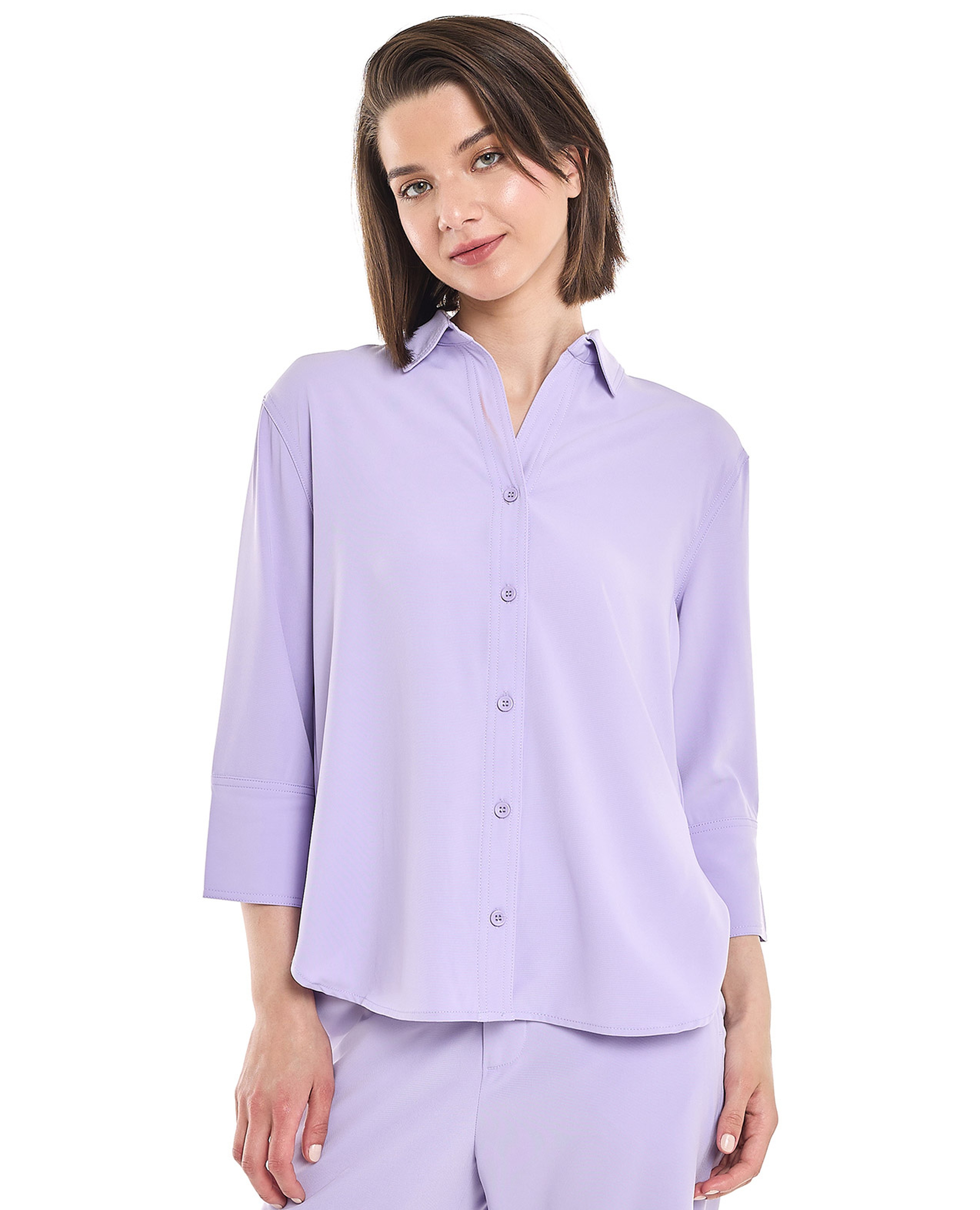 Solid Shirt with Classic Collar and 3/4 Sleeves