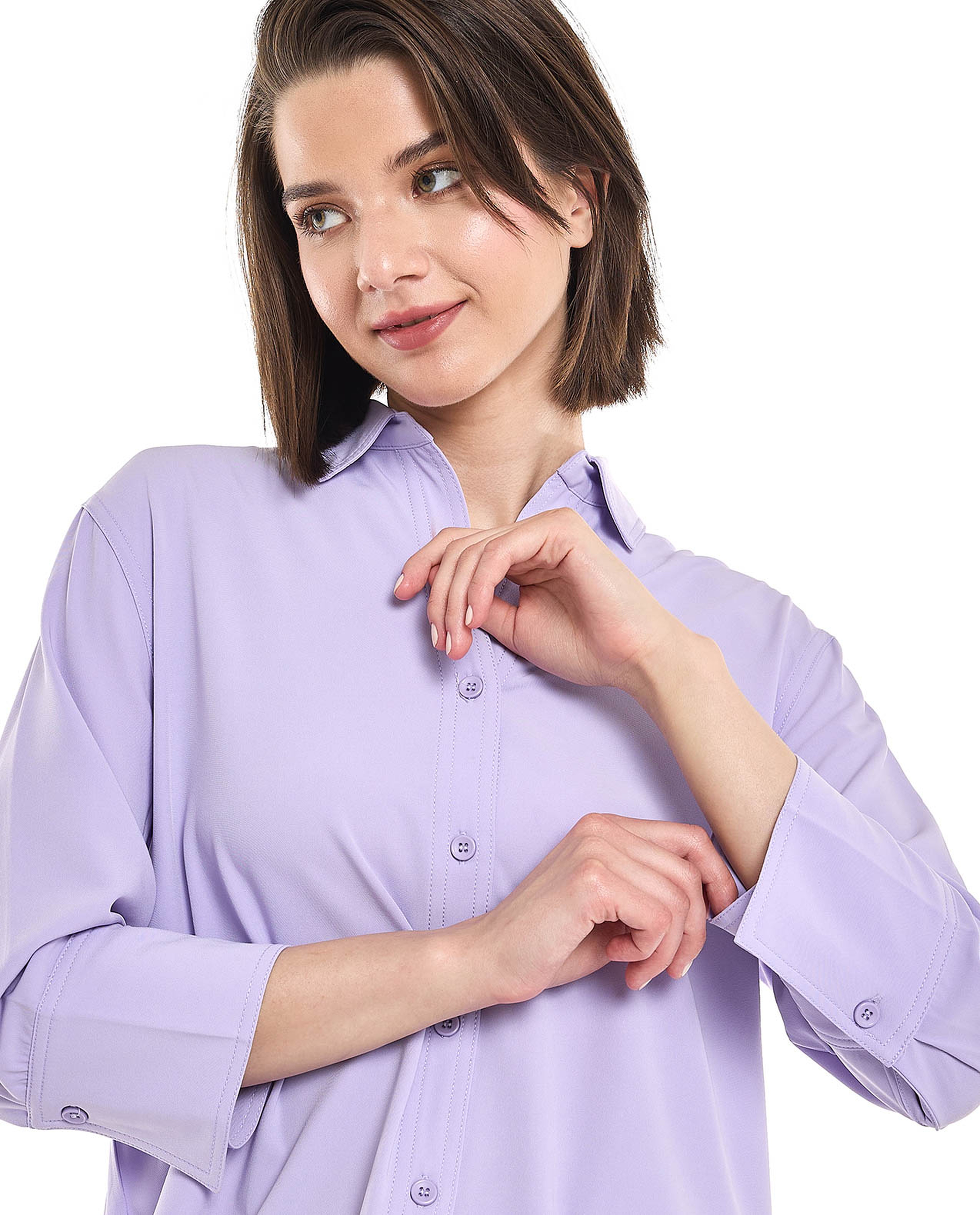 Solid Shirt with Classic Collar and 3/4 Sleeves