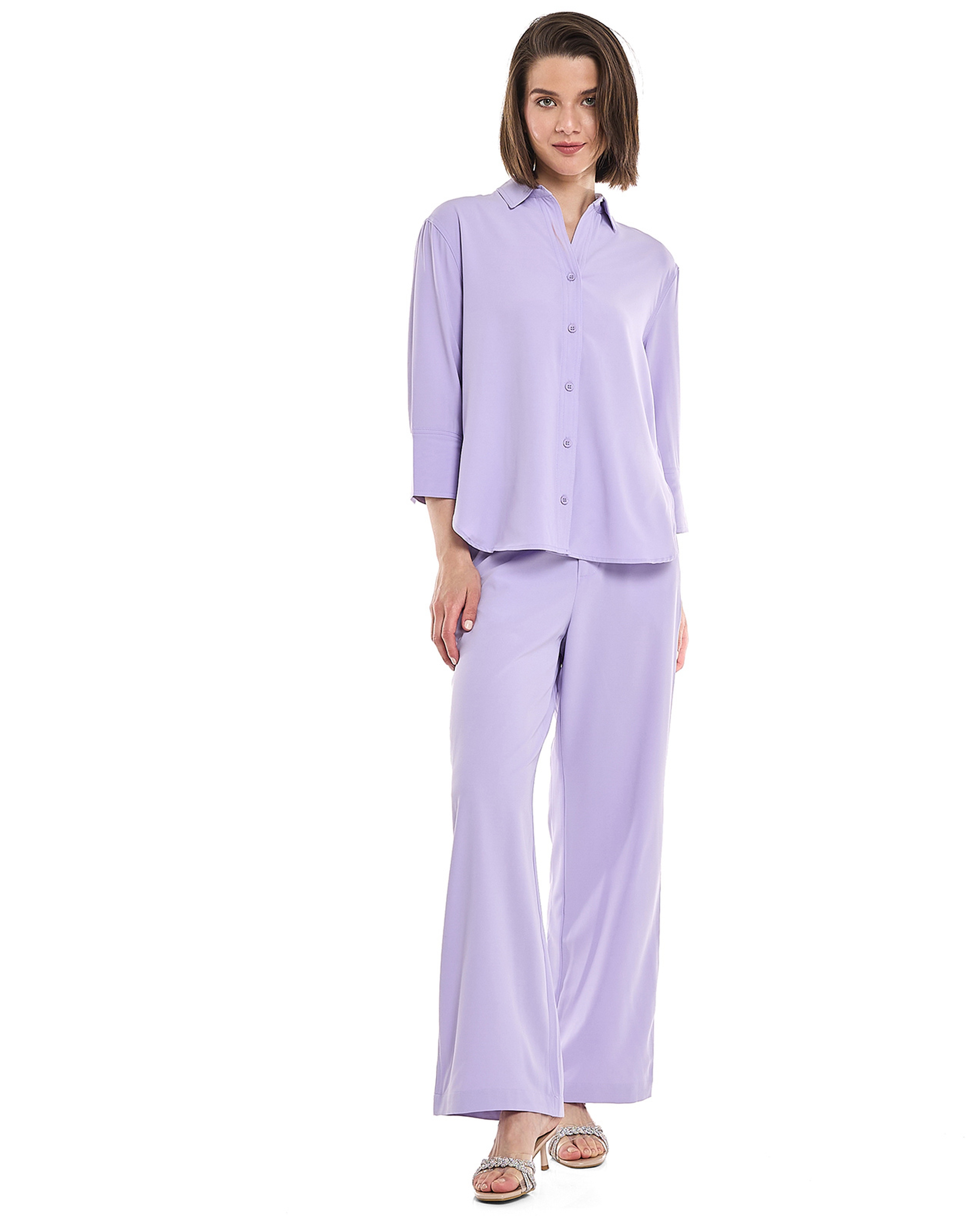 Solid Shirt with Classic Collar and 3/4 Sleeves