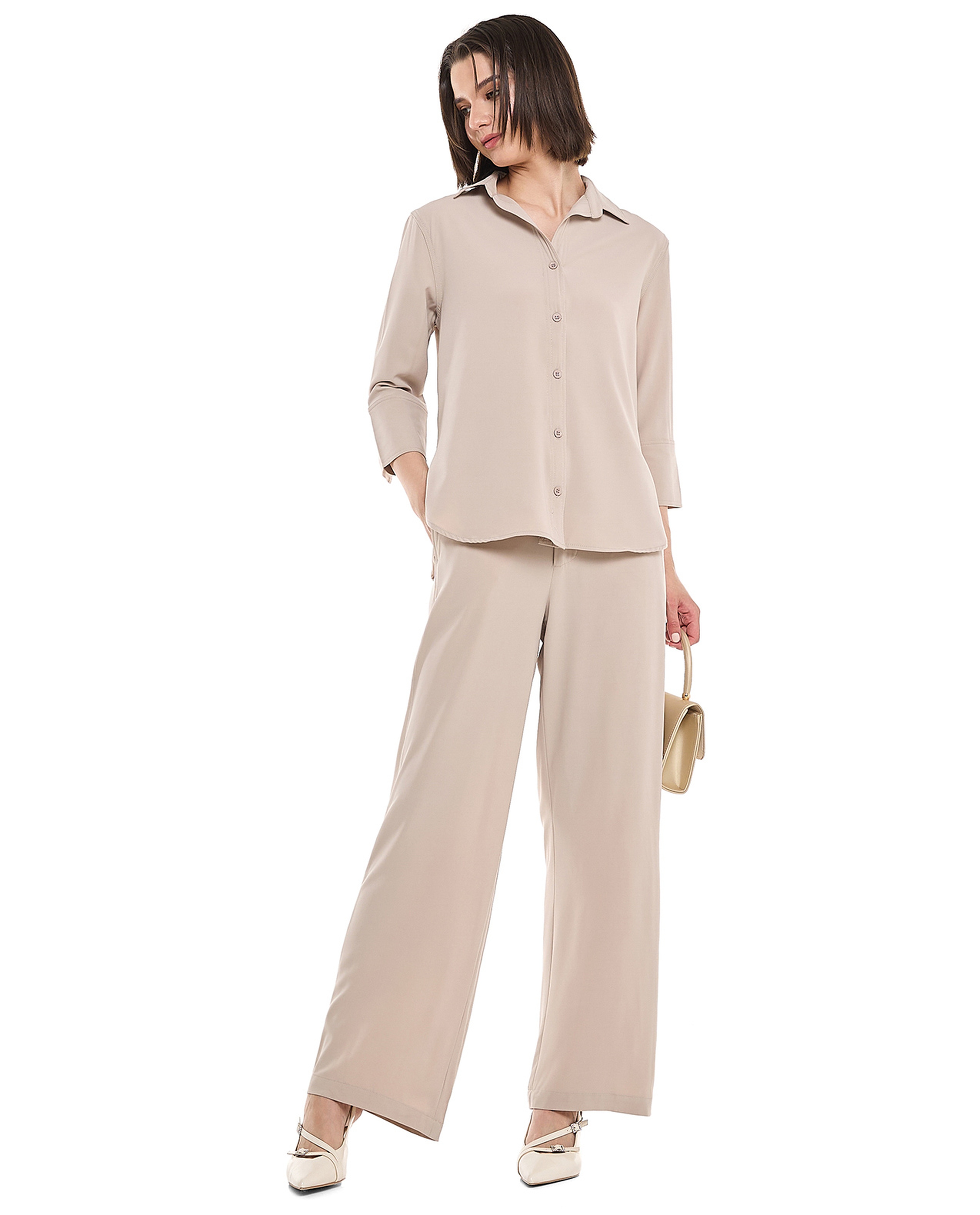 Solid Wide Leg Trousers with Button Closure