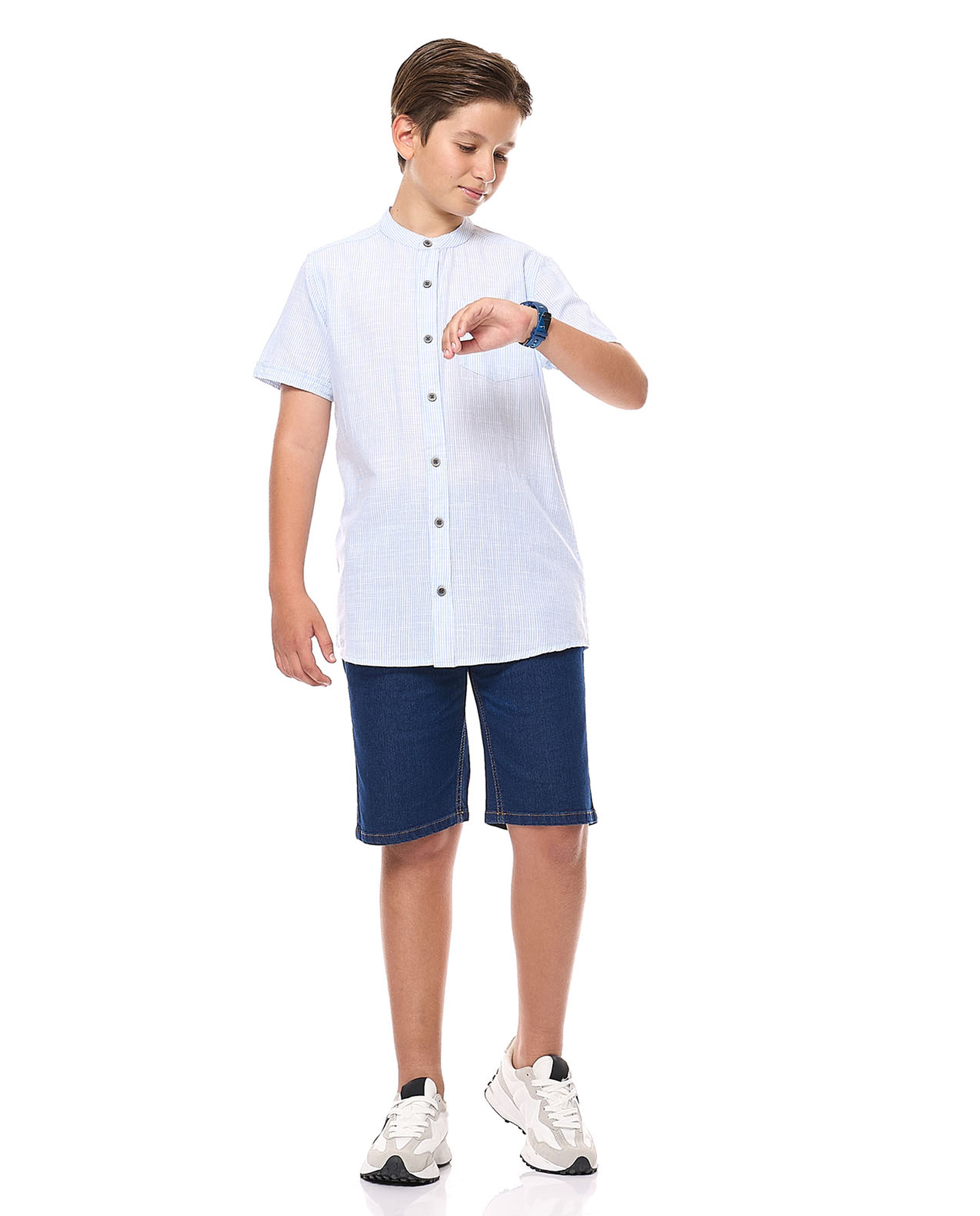 Striped Shirt with Mandarin Collar and Short Sleeves