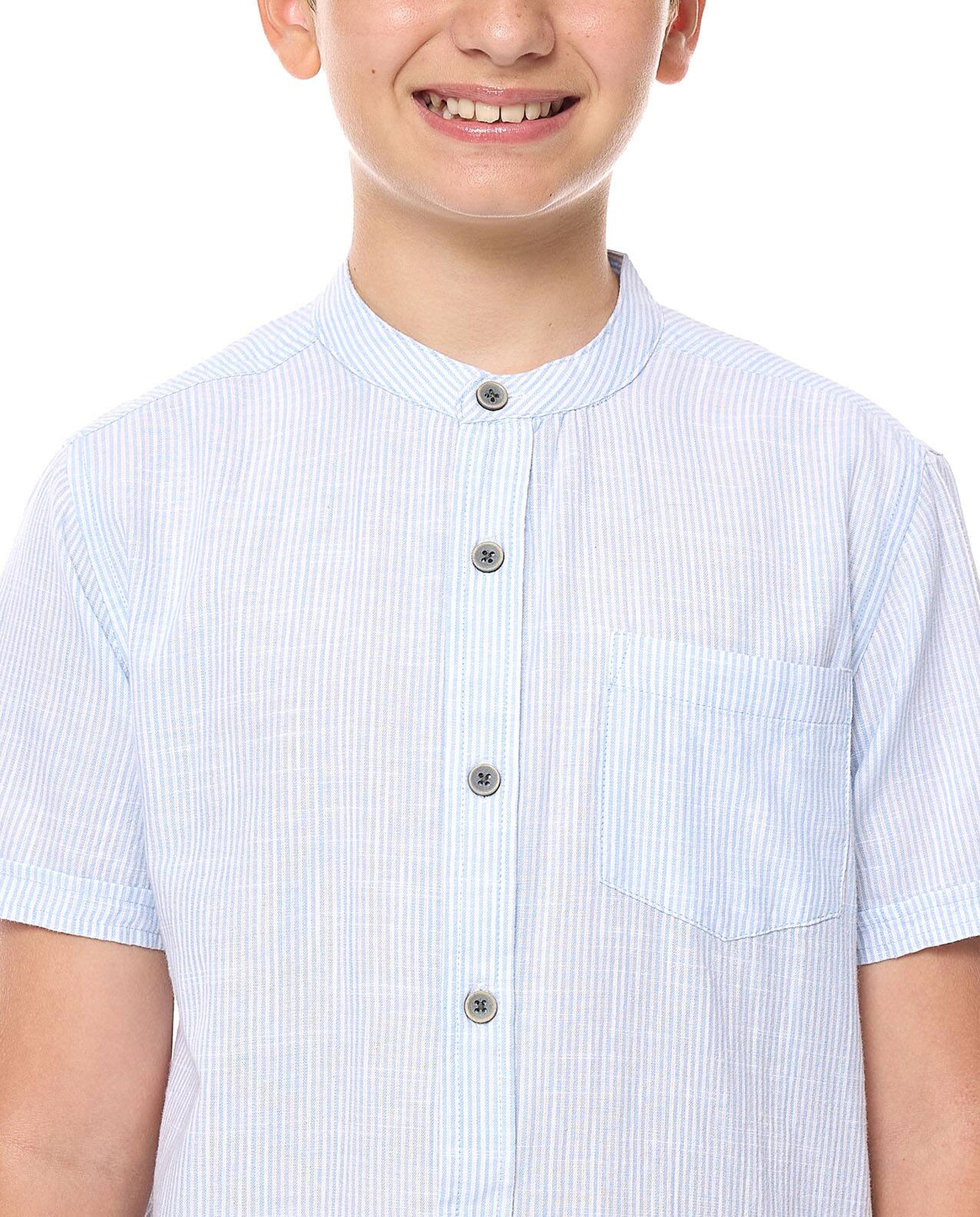 Striped Shirt with Mandarin Collar and Short Sleeves