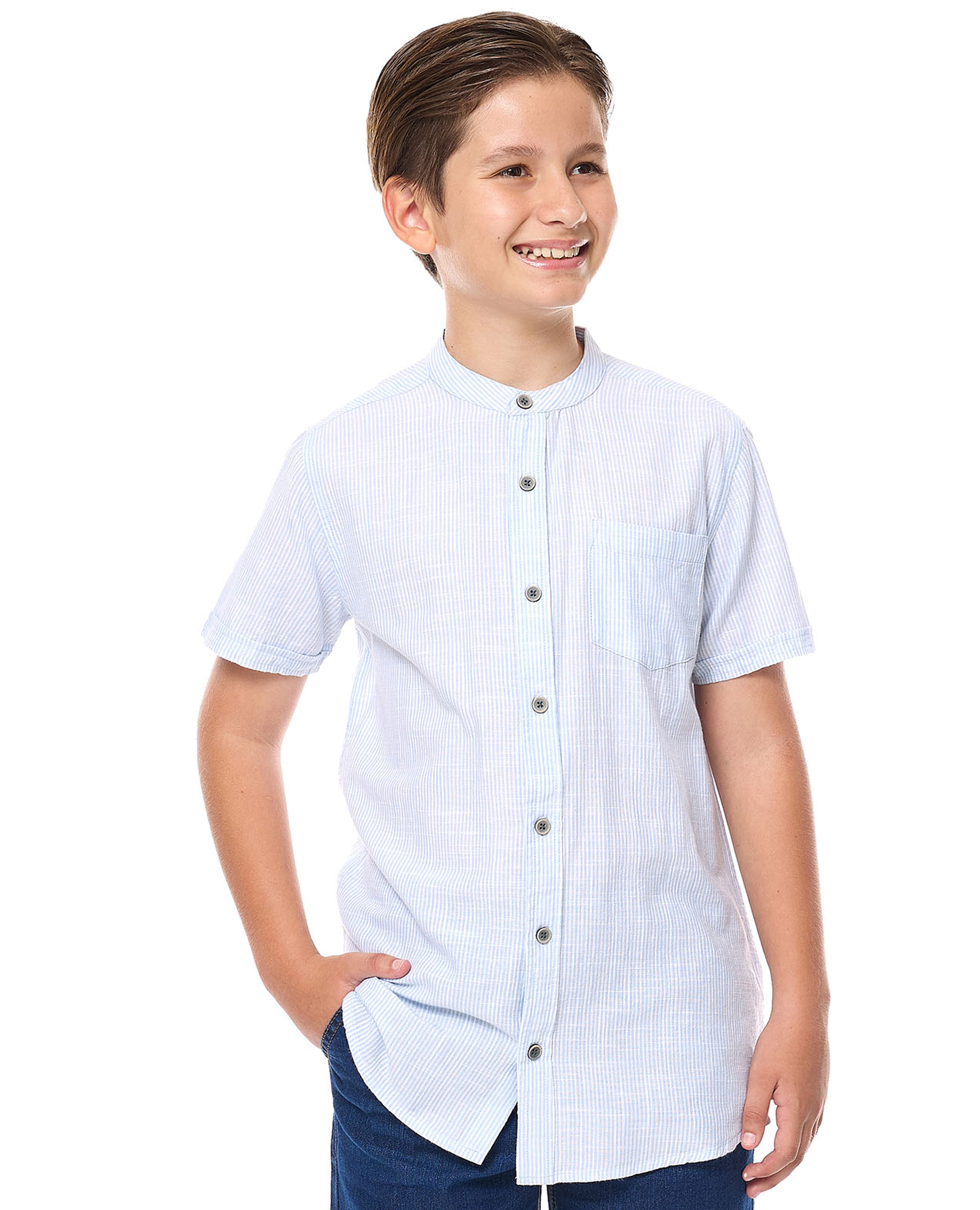 Striped Shirt with Mandarin Collar and Short Sleeves