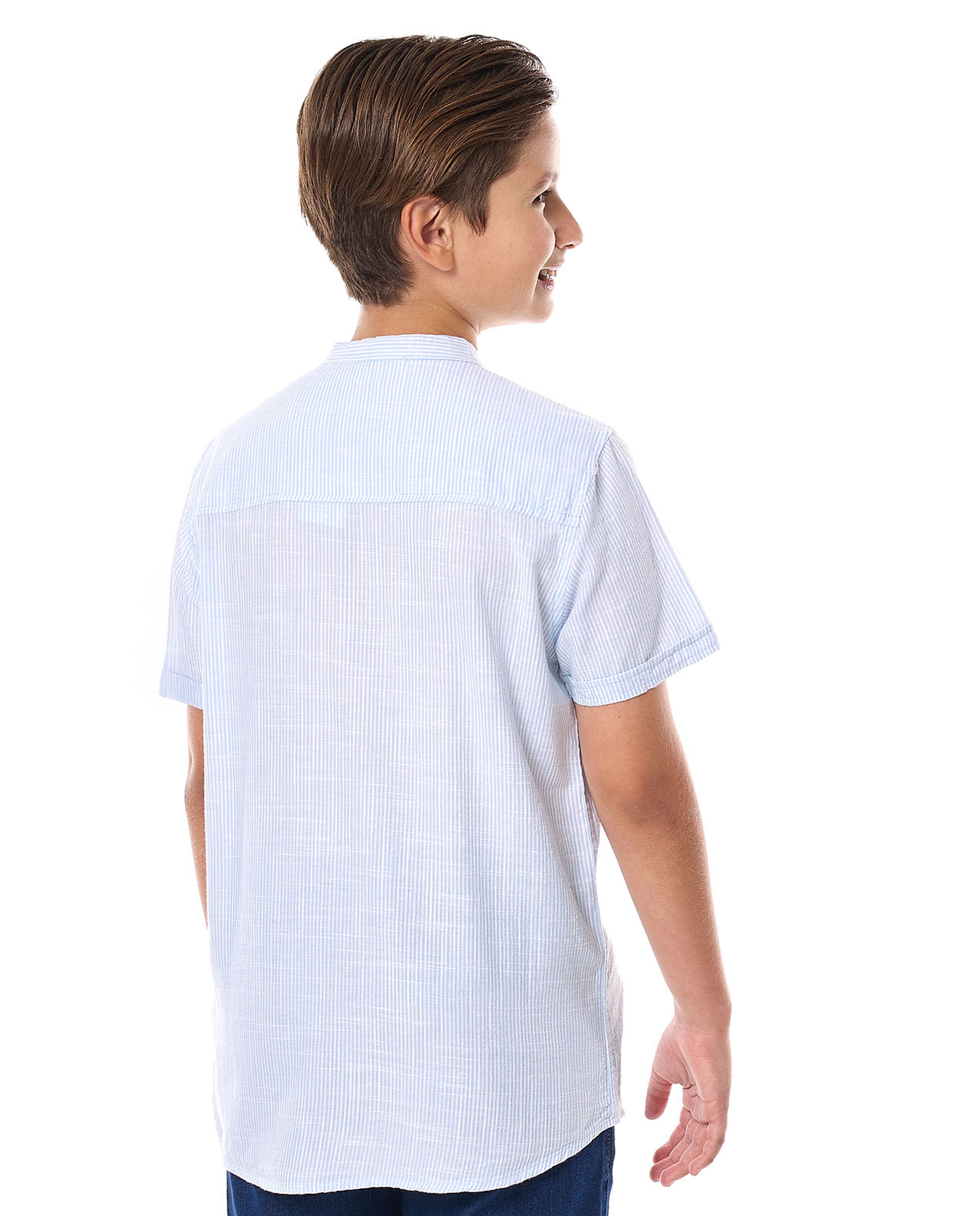 Striped Shirt with Mandarin Collar and Short Sleeves