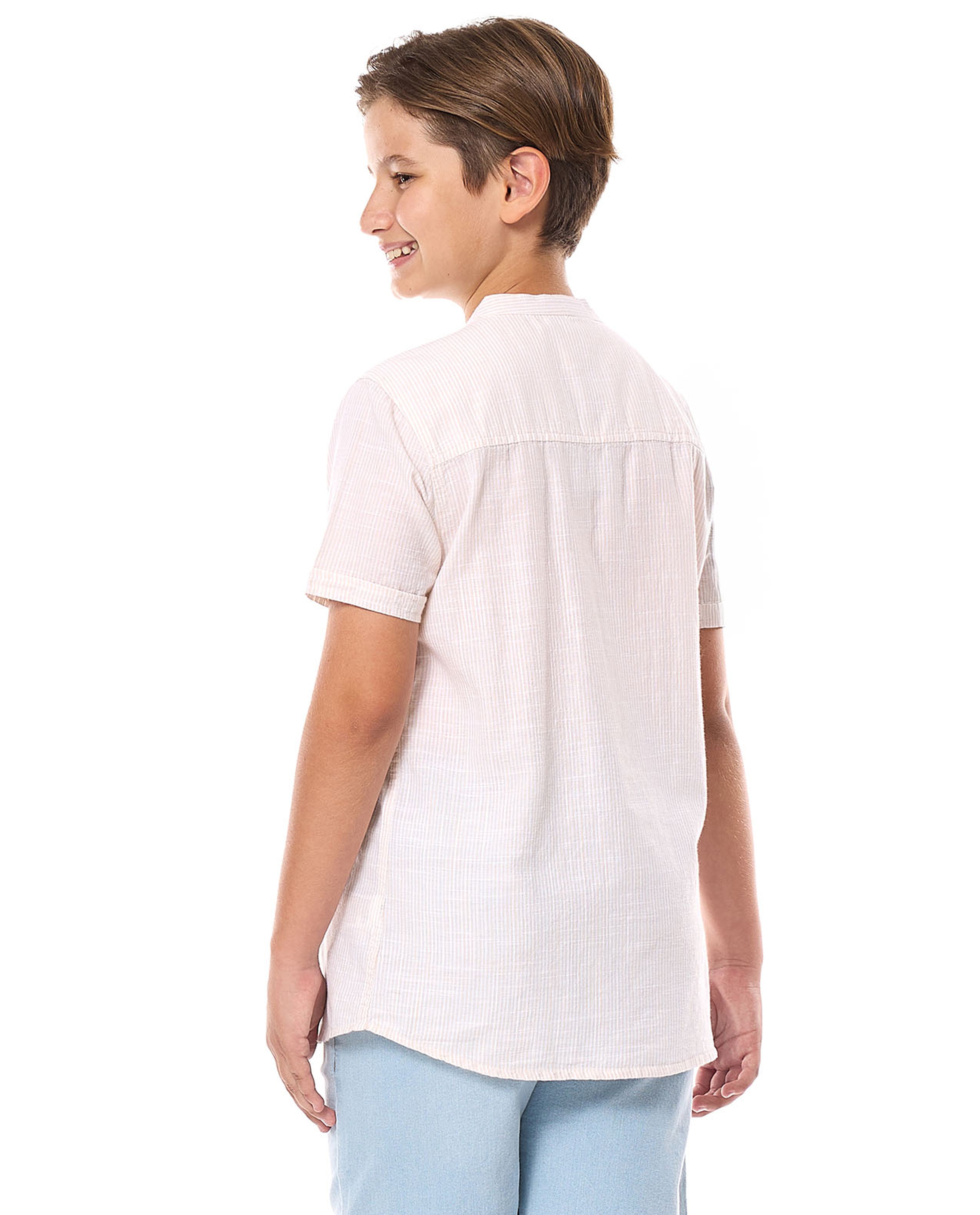 Striped Shirt with Mandarin Collar and Short Sleeves
