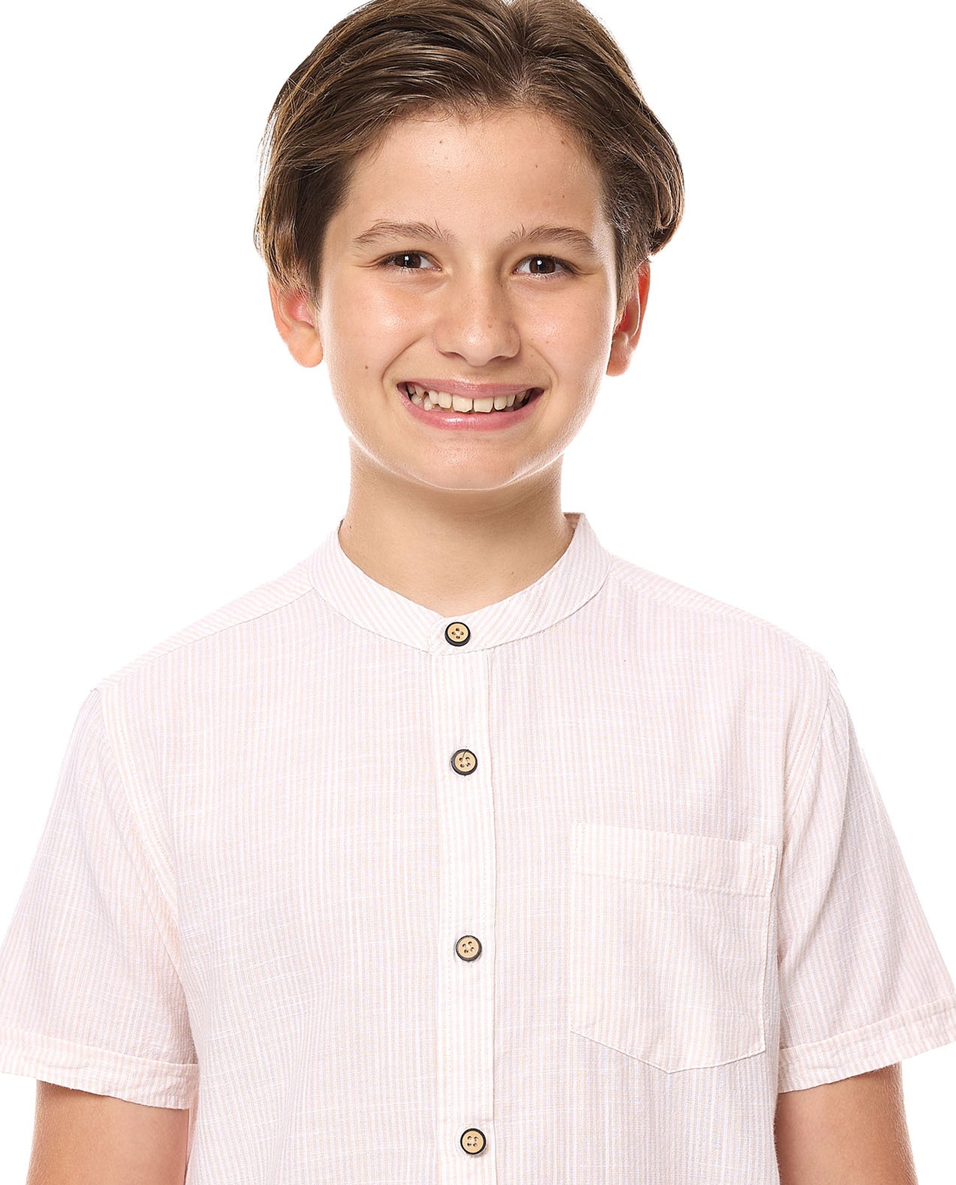 Striped Shirt with Mandarin Collar and Short Sleeves