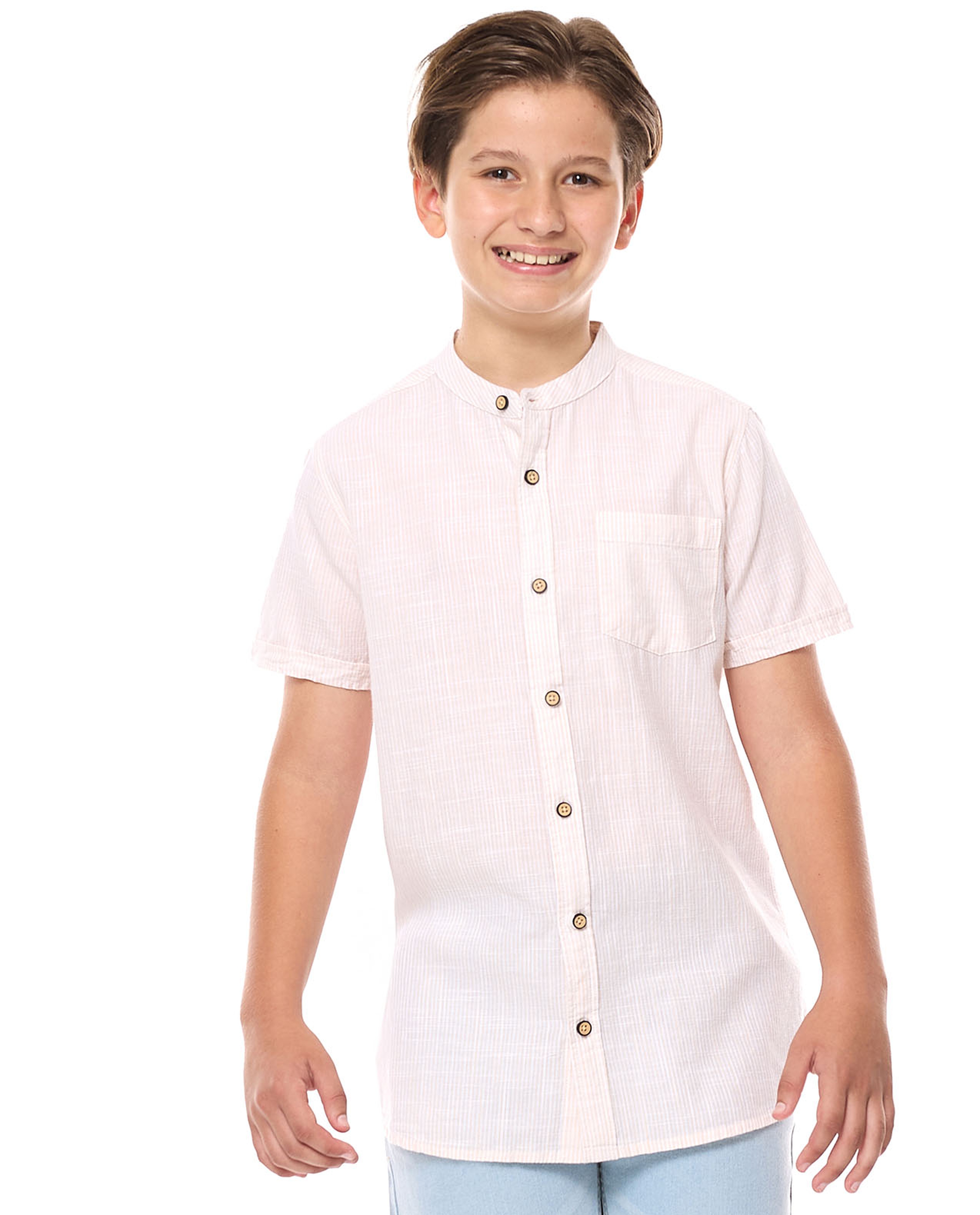 Striped Shirt with Mandarin Collar and Short Sleeves