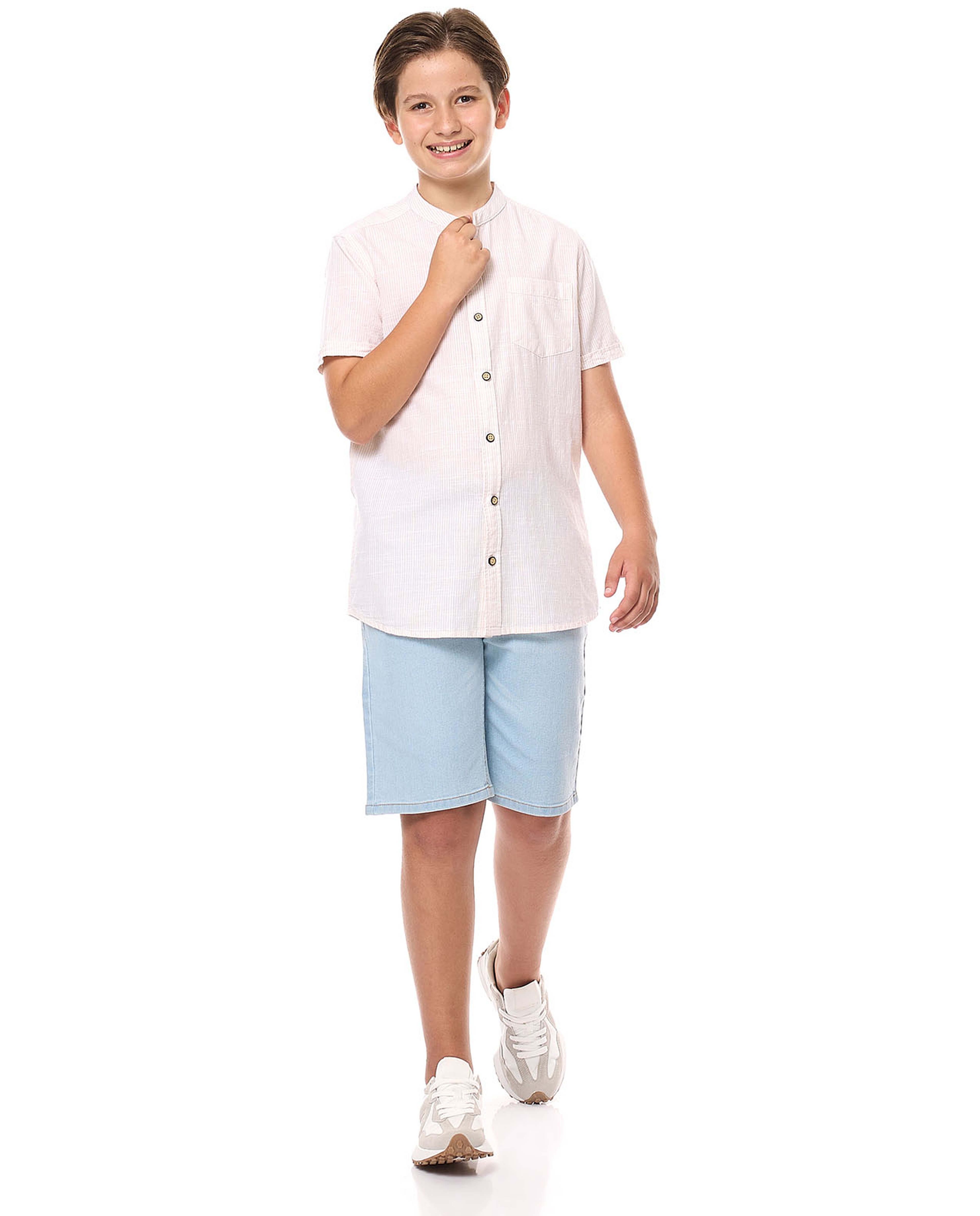 Striped Shirt with Mandarin Collar and Short Sleeves