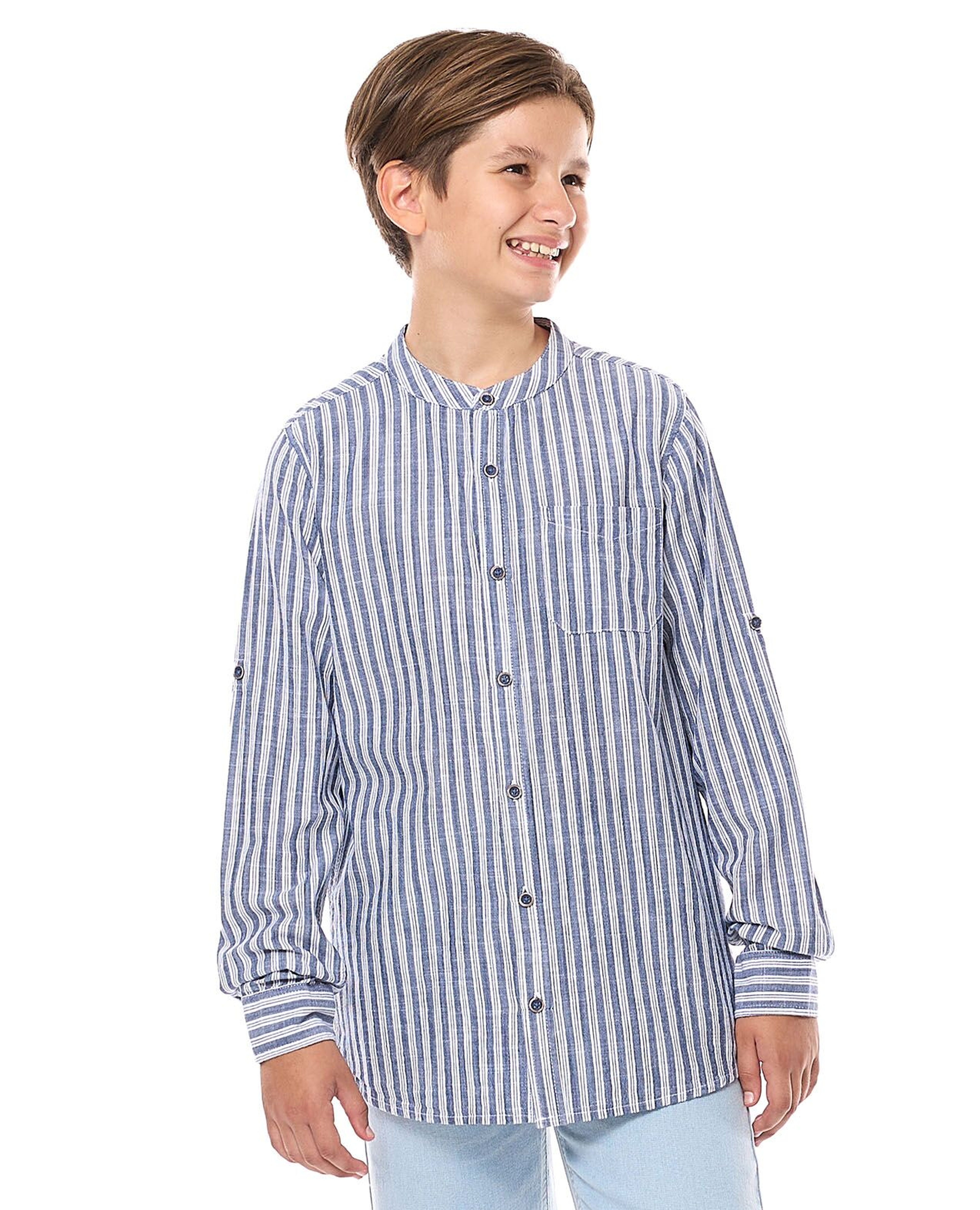 Striped Shirt with Mandarin Collar and Long Sleeves