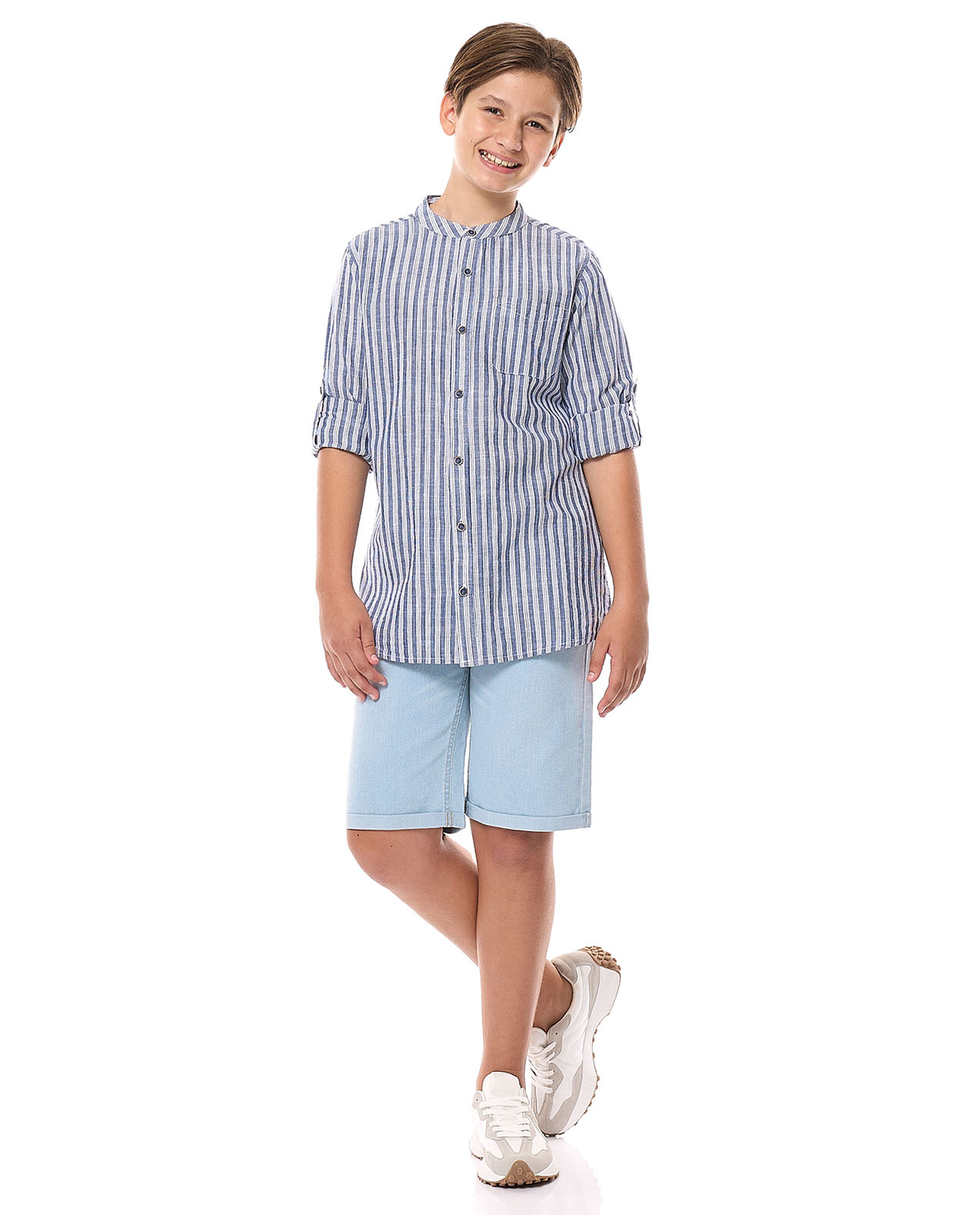 Striped Shirt with Mandarin Collar and Long Sleeves