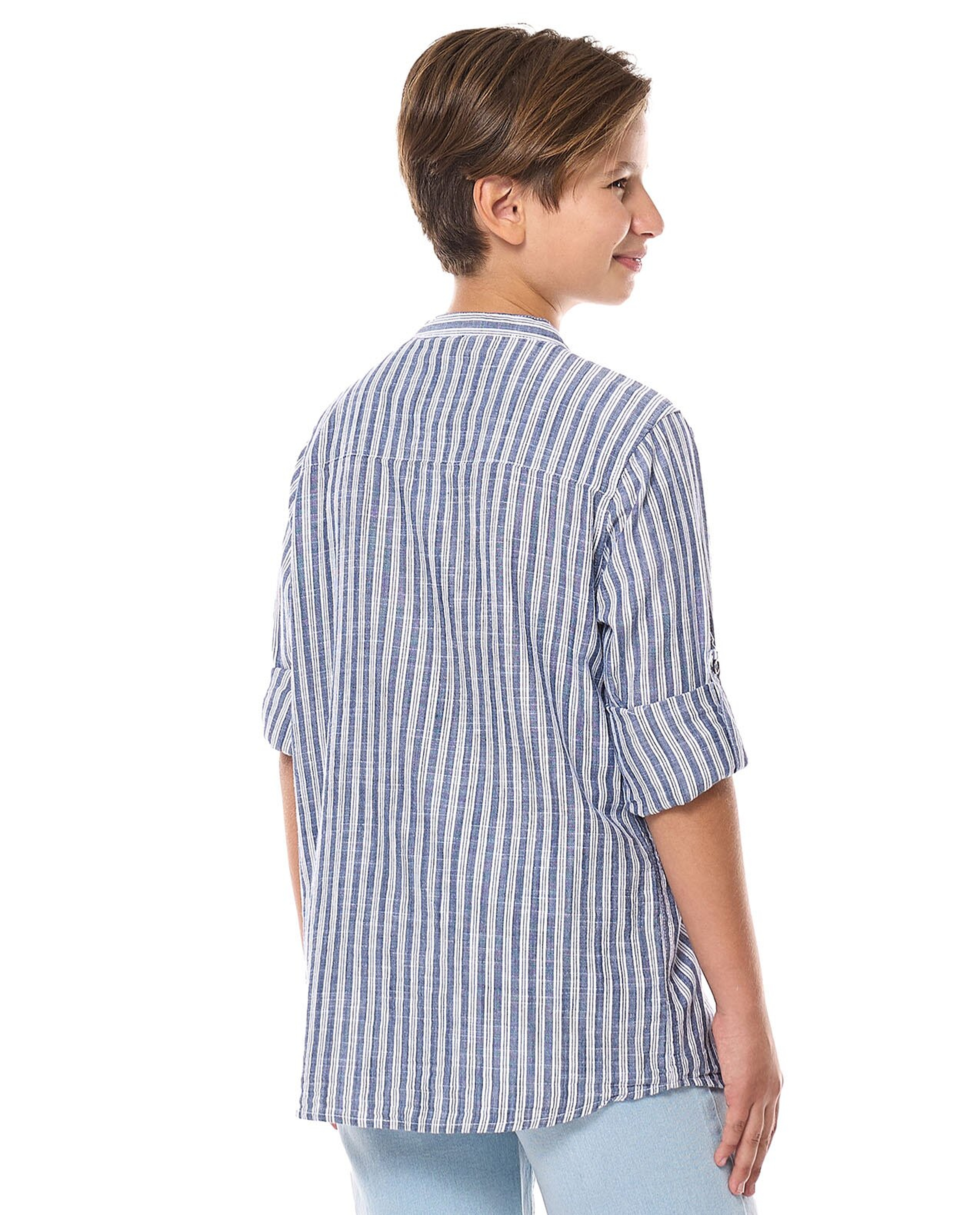 Striped Shirt with Mandarin Collar and Long Sleeves