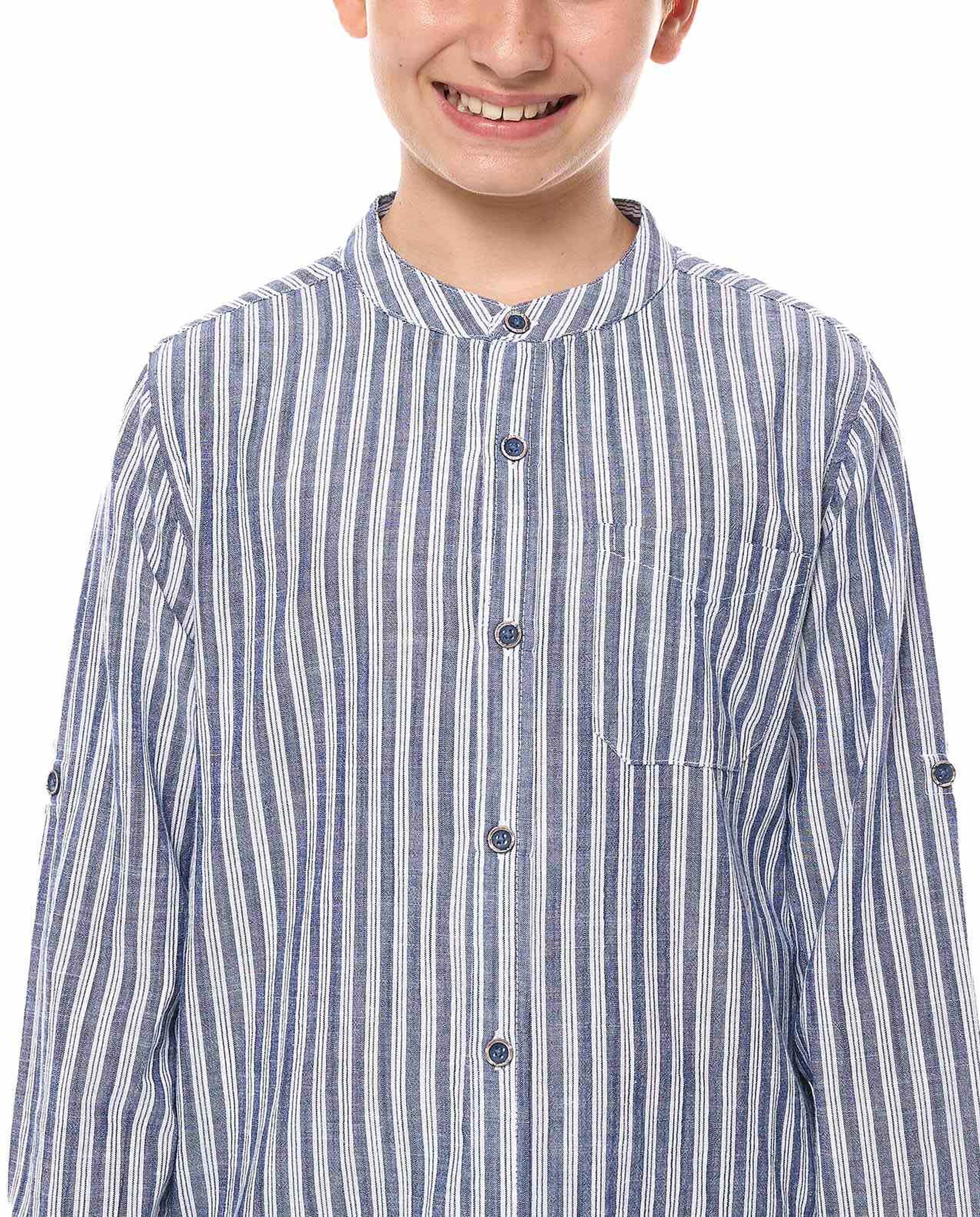 Striped Shirt with Mandarin Collar and Long Sleeves