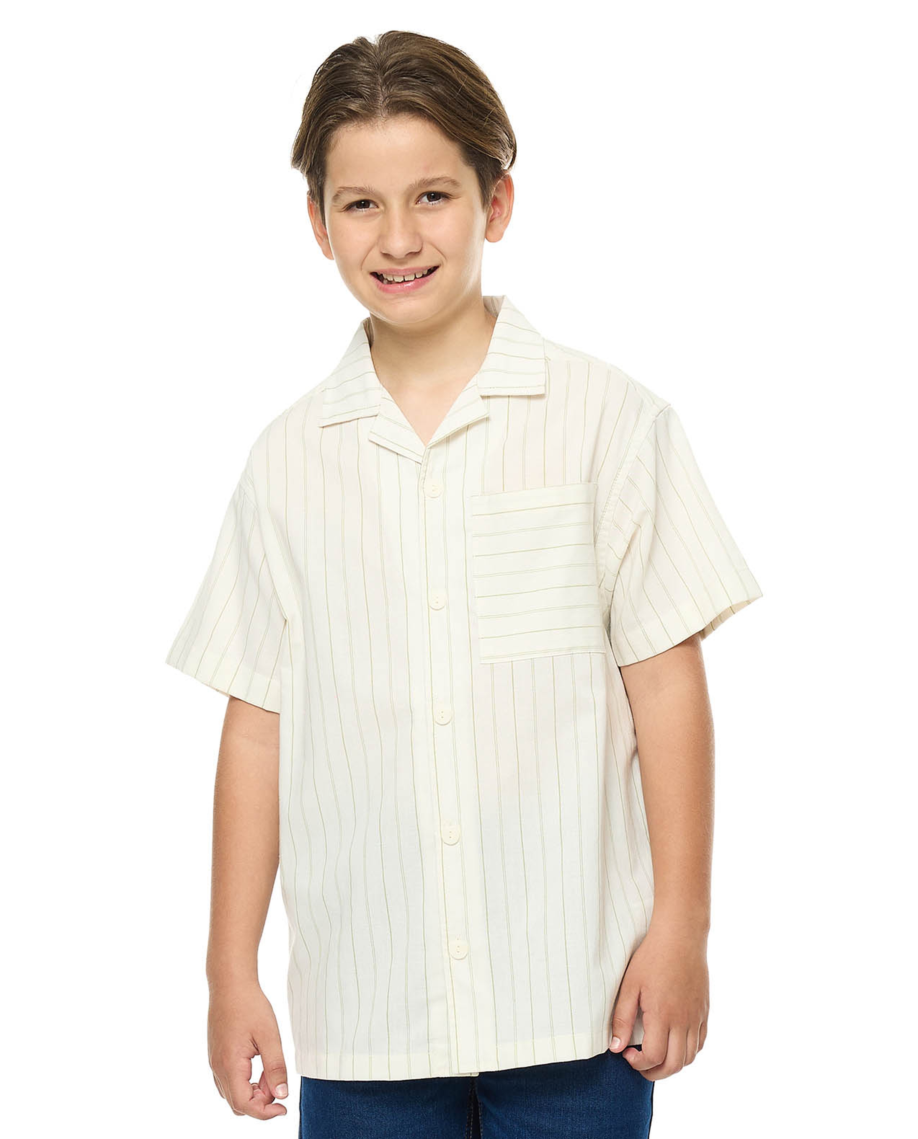 Striped Shirt with Revere Collar and Short Sleeves