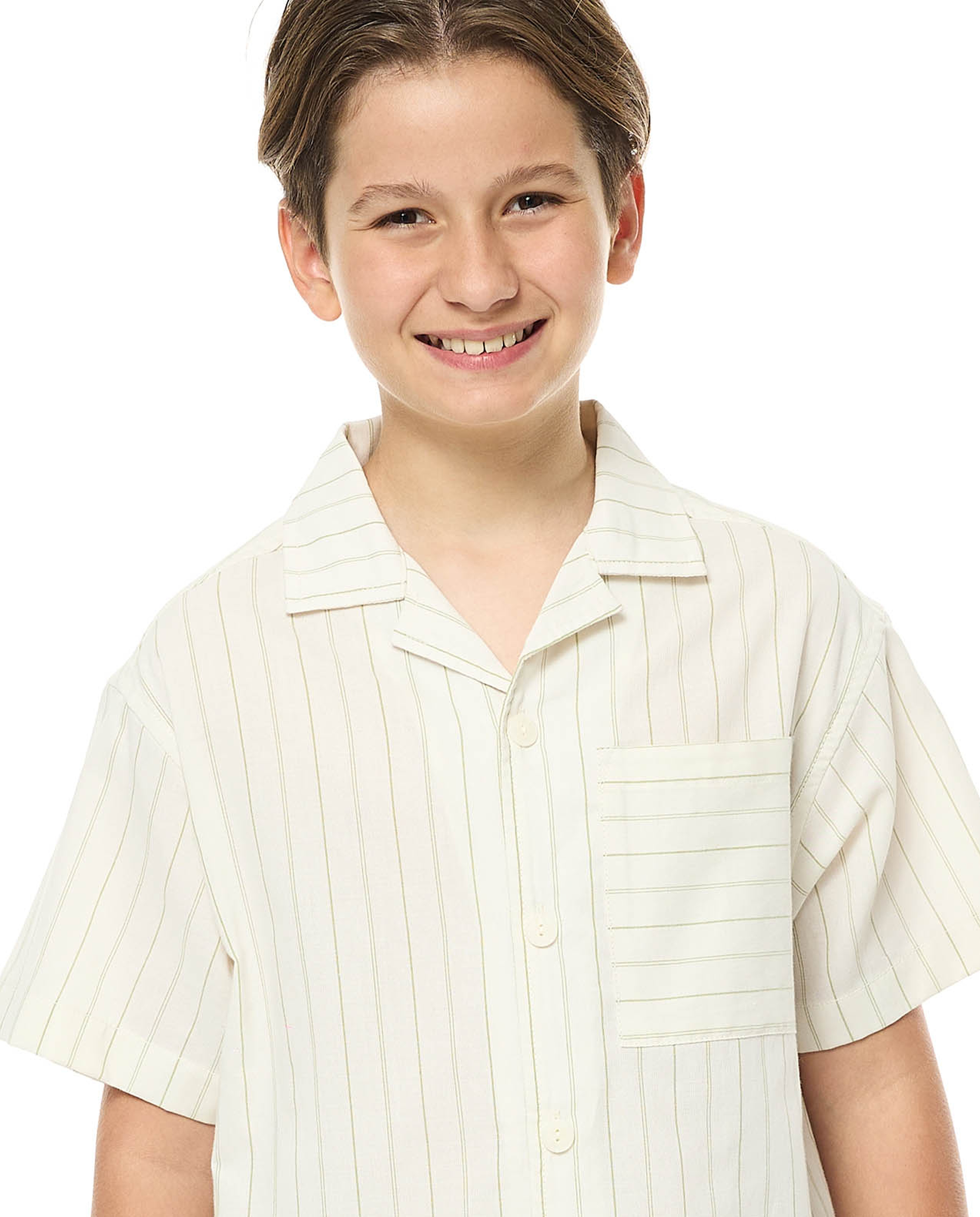 Striped Shirt with Revere Collar and Short Sleeves