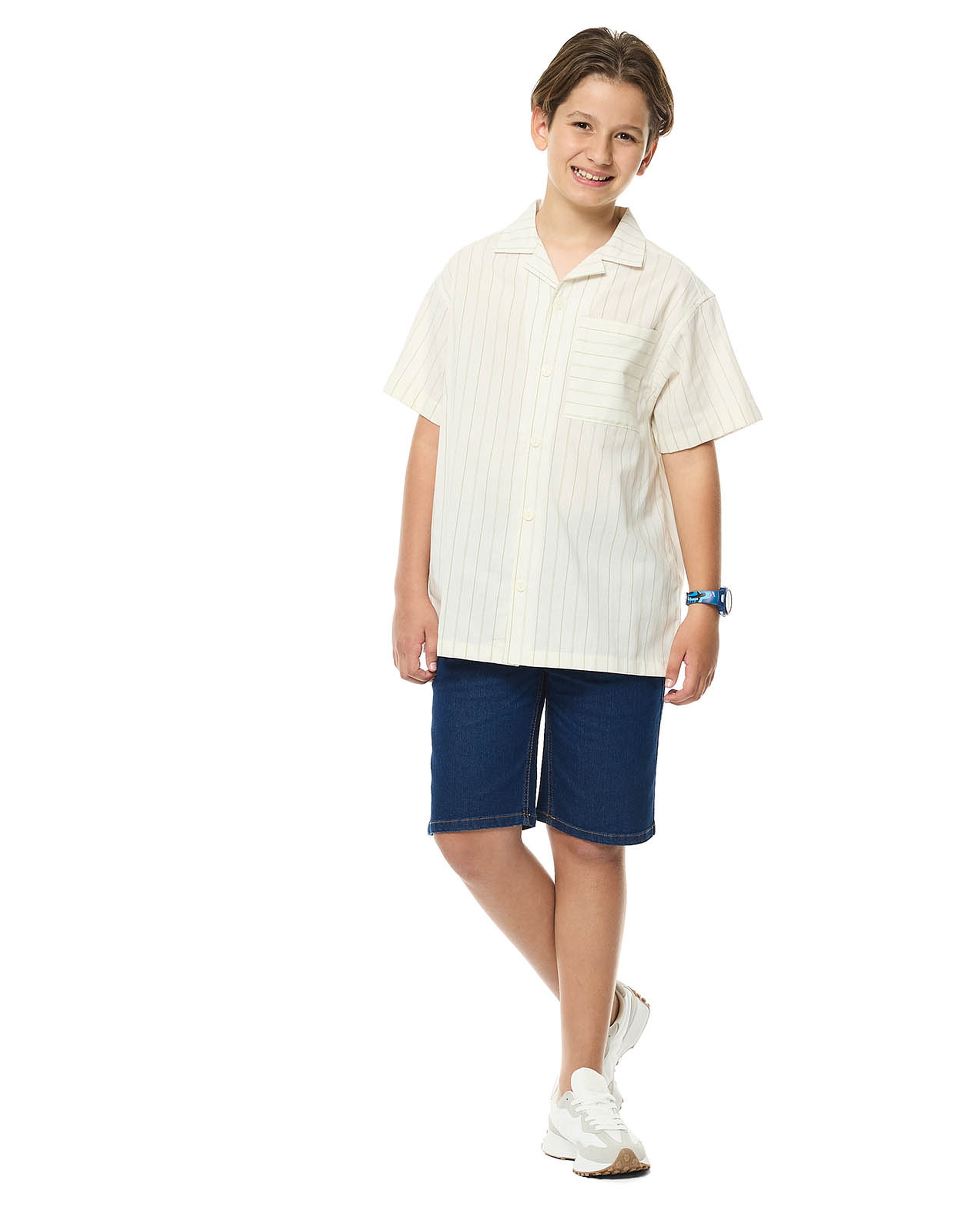 Striped Shirt with Revere Collar and Short Sleeves