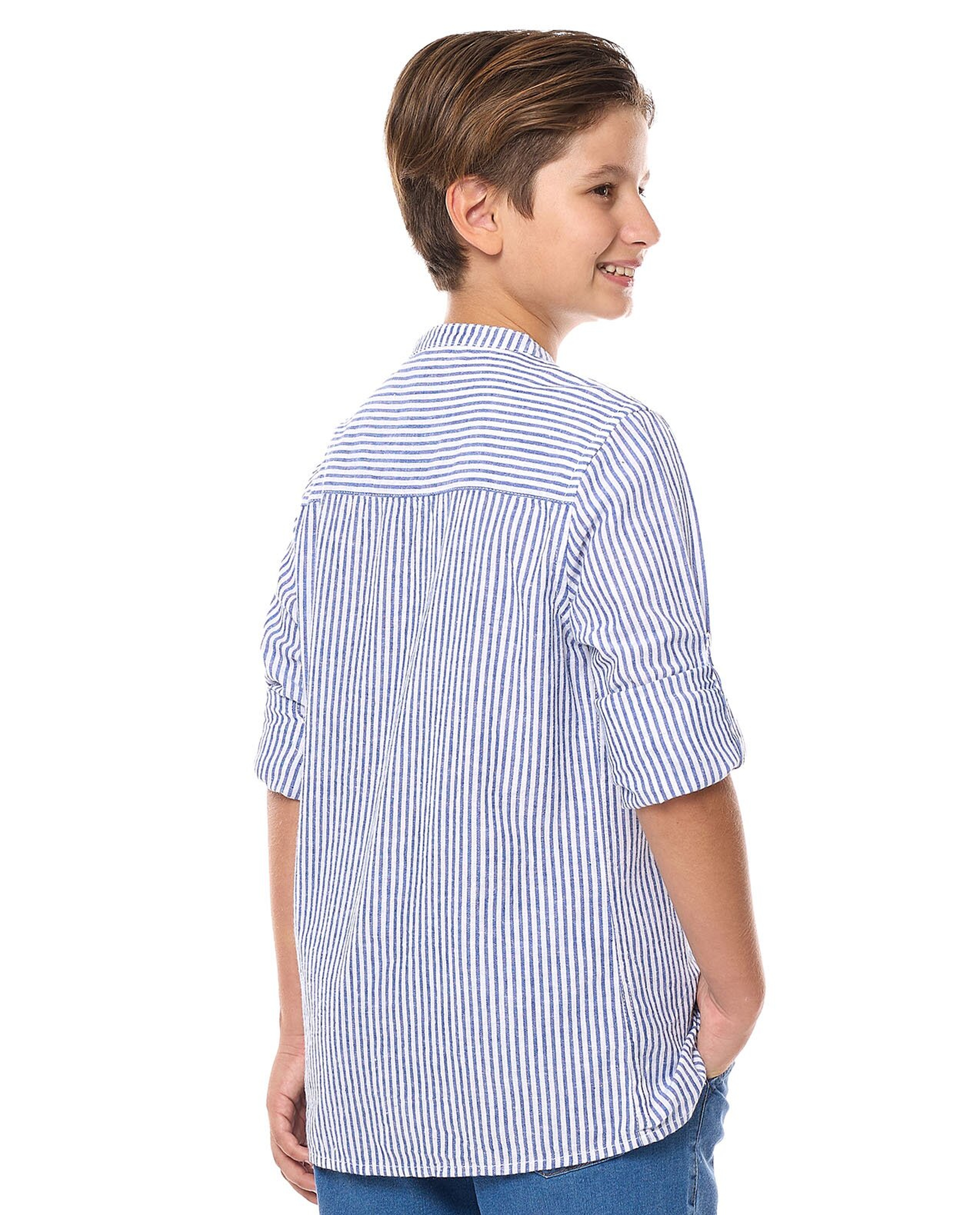 Striped Shirt with Mandarin Collar and Long Sleeves