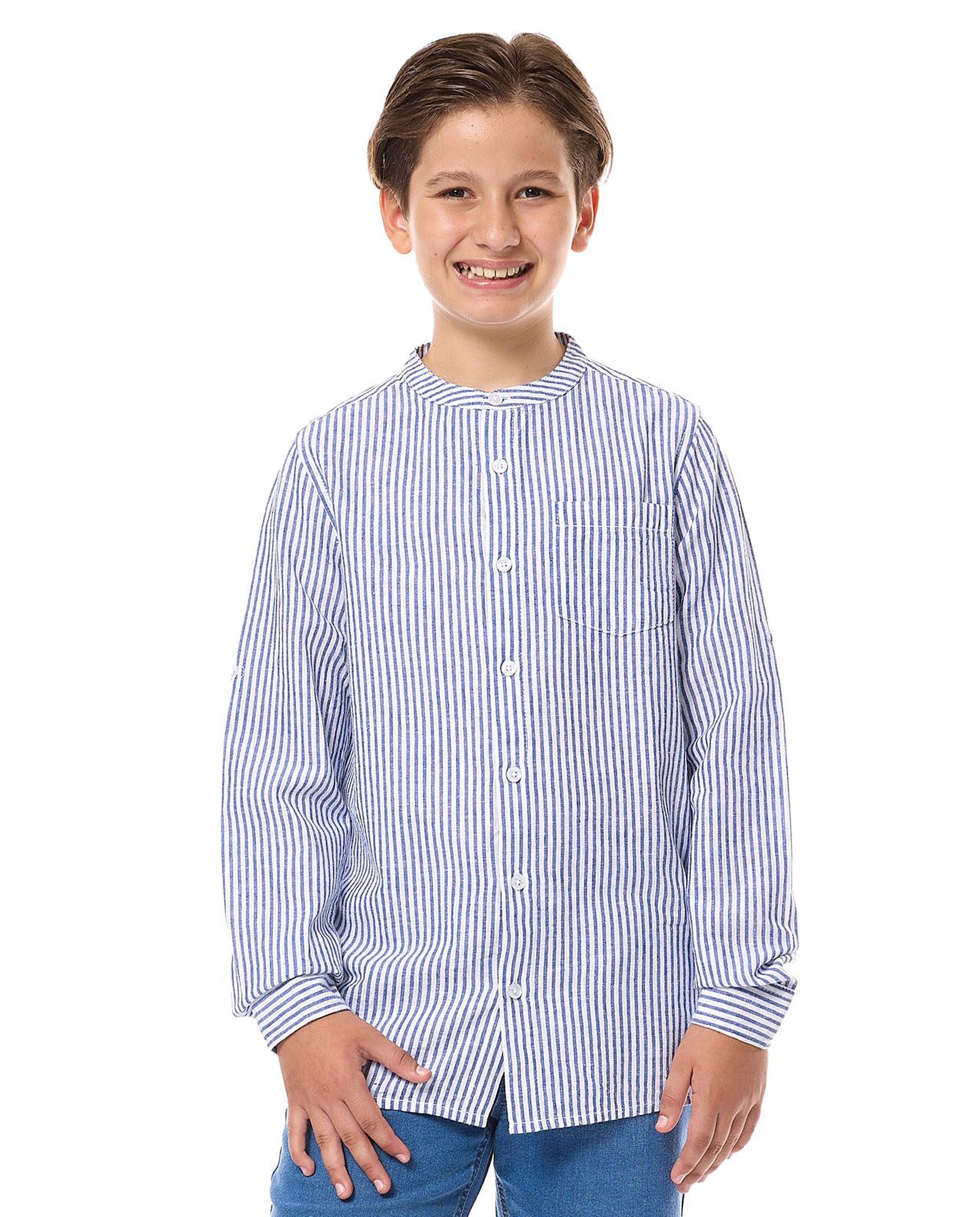 Striped Shirt with Mandarin Collar and Long Sleeves