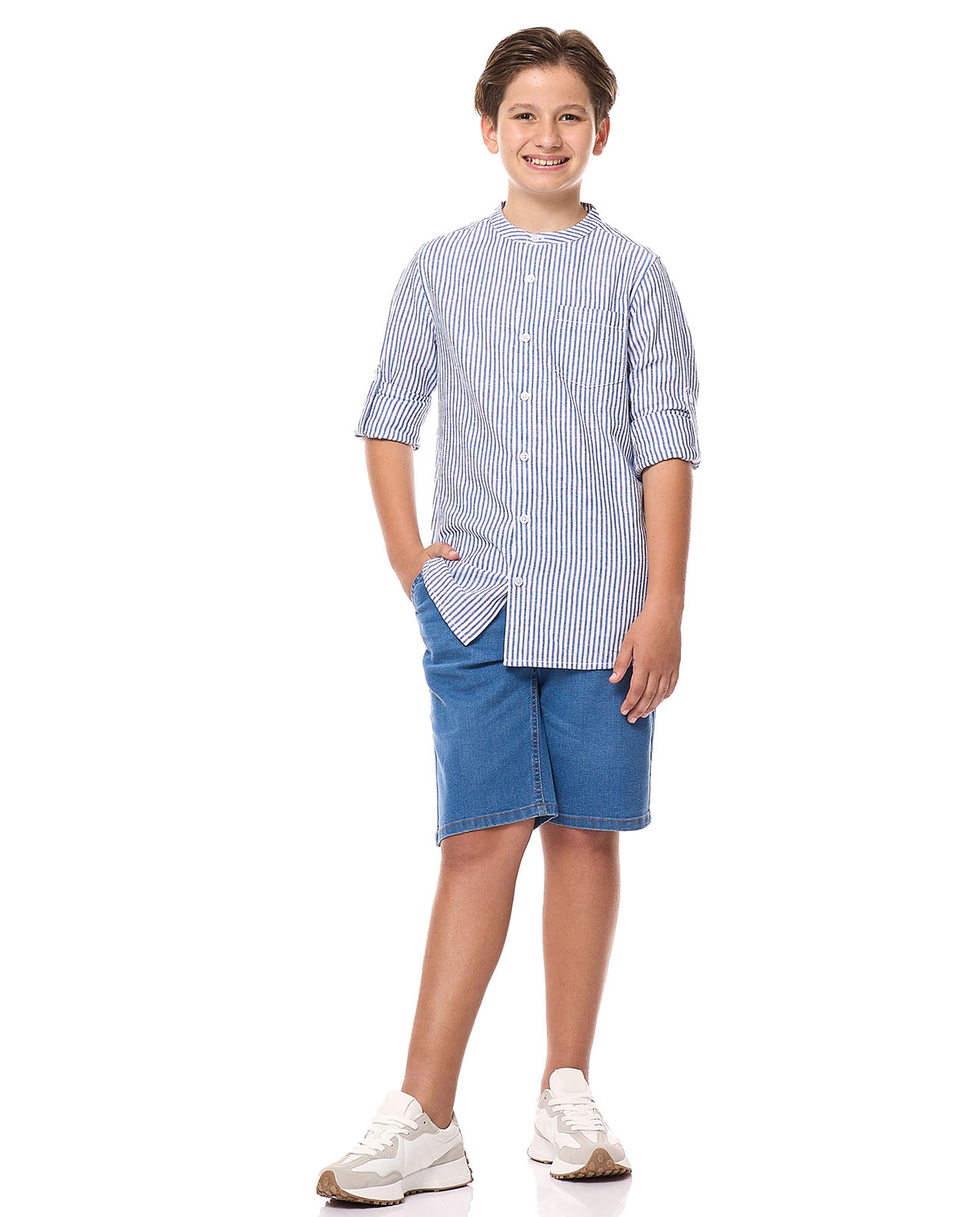 Striped Shirt with Mandarin Collar and Long Sleeves