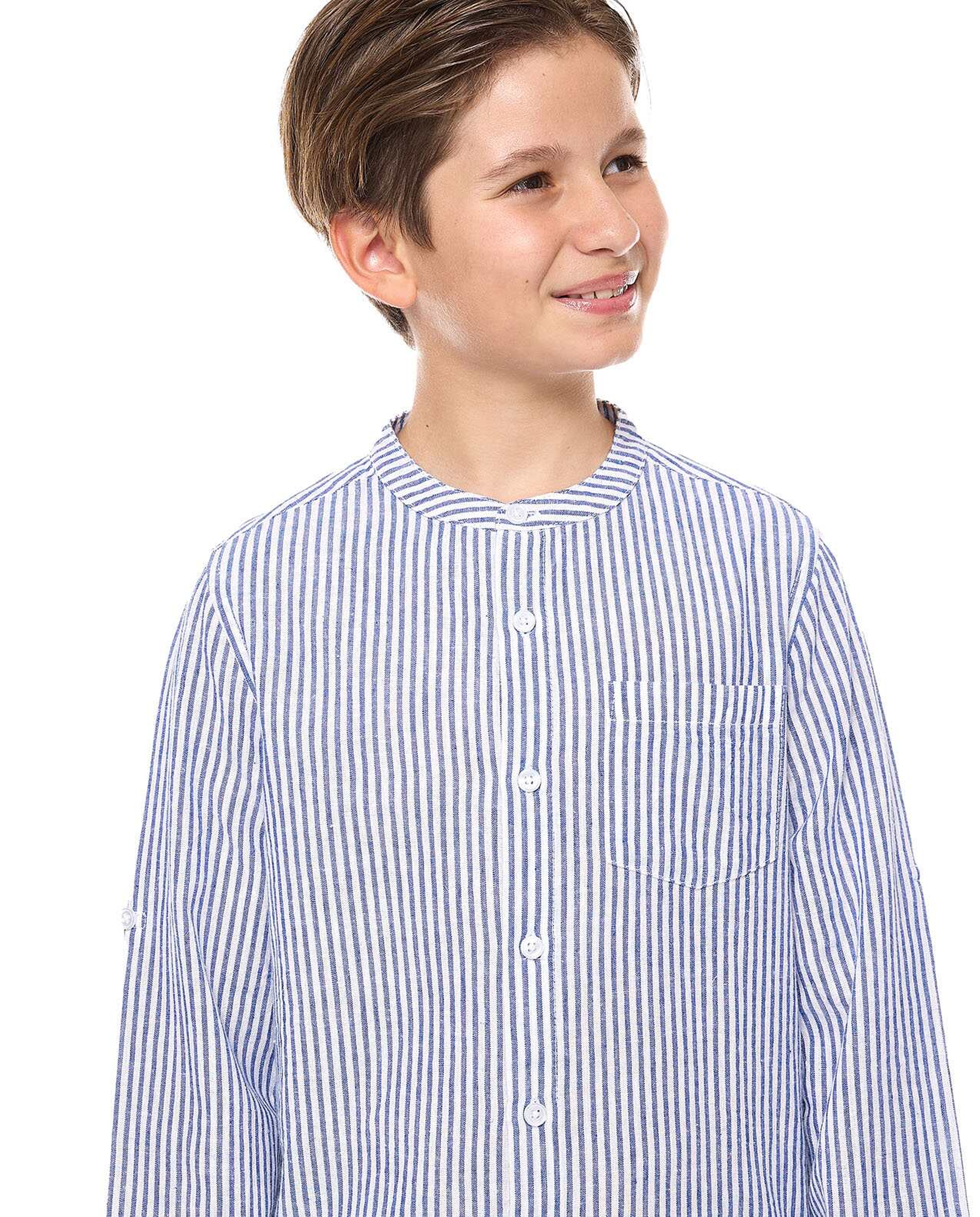 Striped Shirt with Mandarin Collar and Long Sleeves