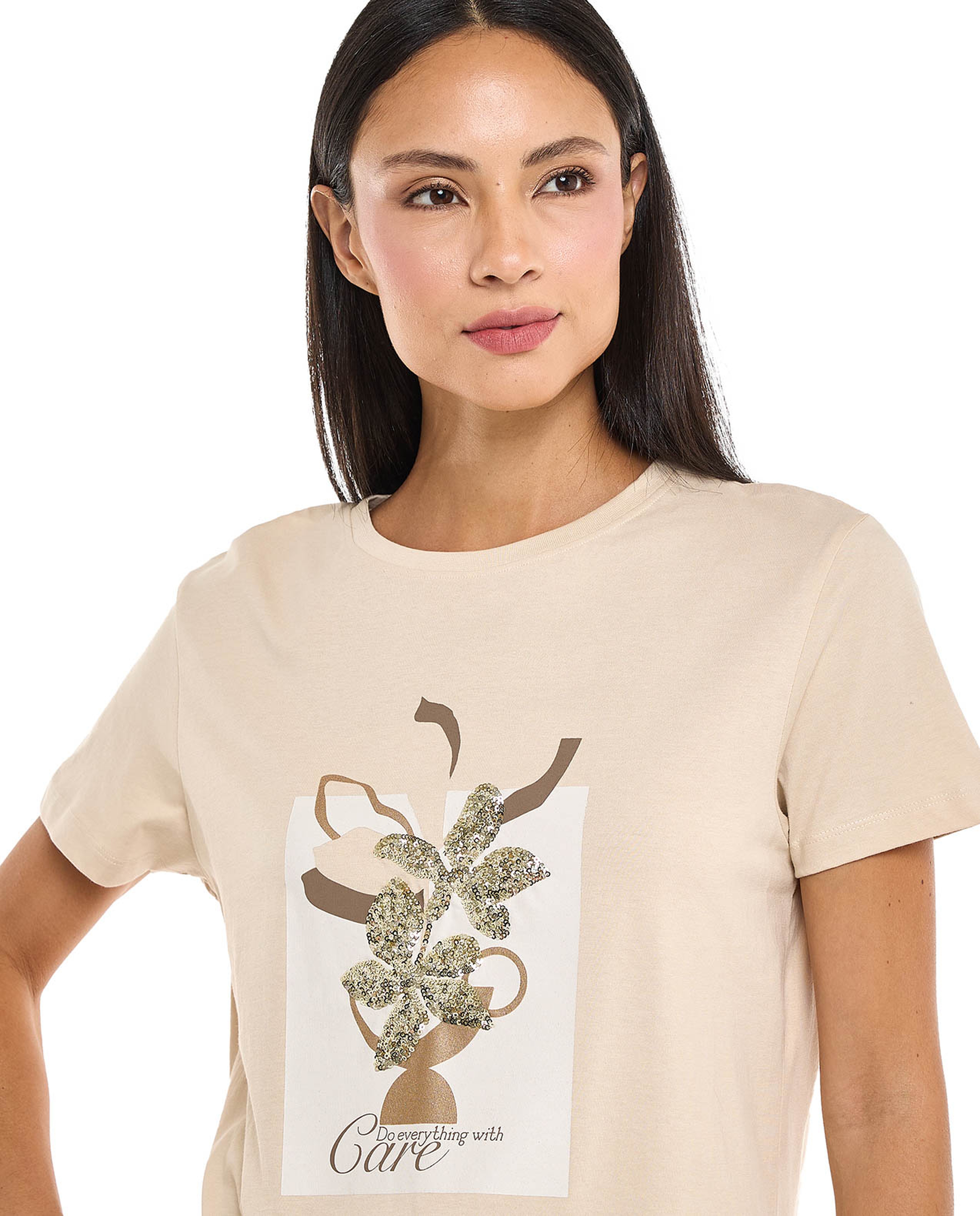 Sequined T-Shirt with Crew Neck and Short Sleeves