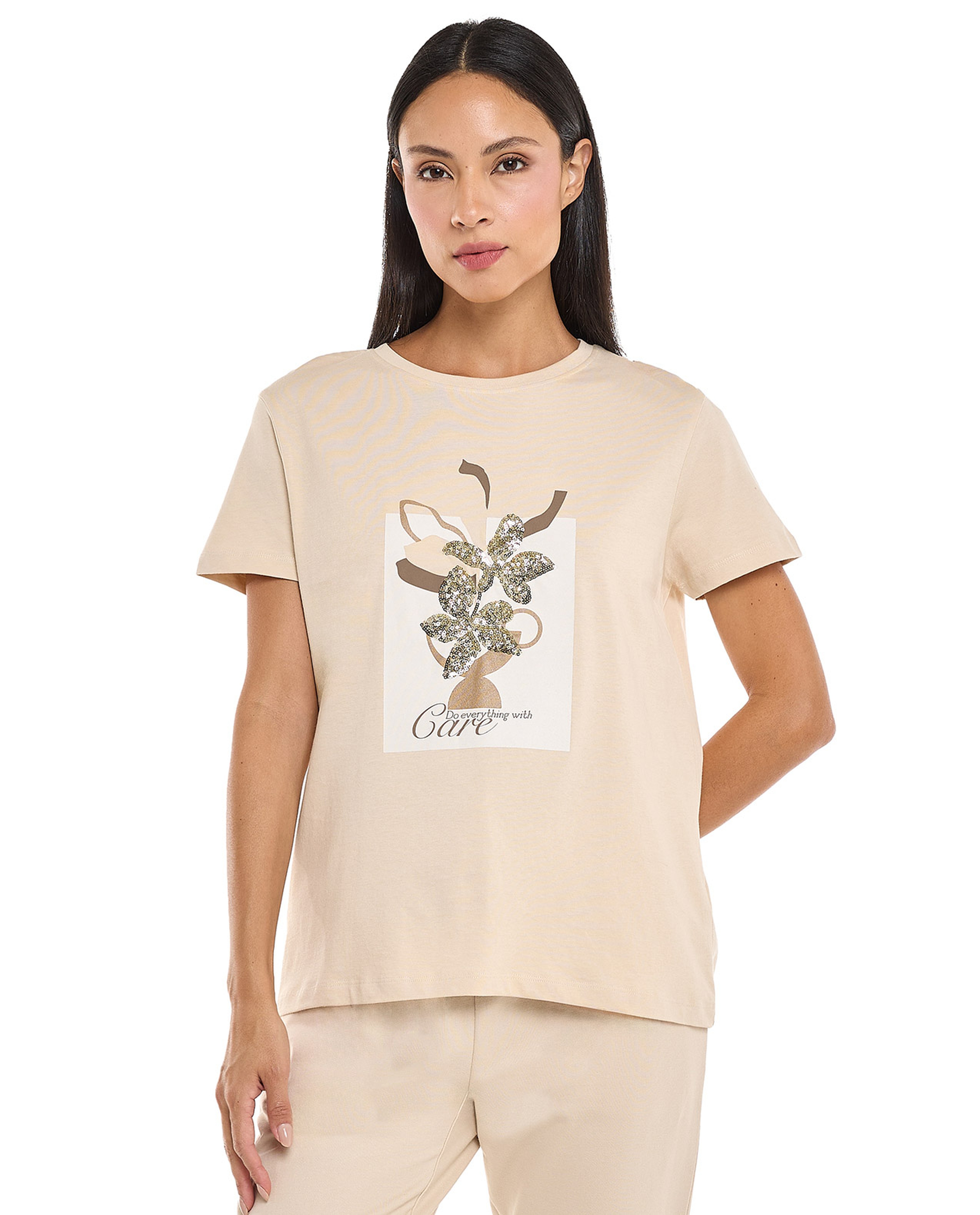 Sequined T-Shirt with Crew Neck and Short Sleeves