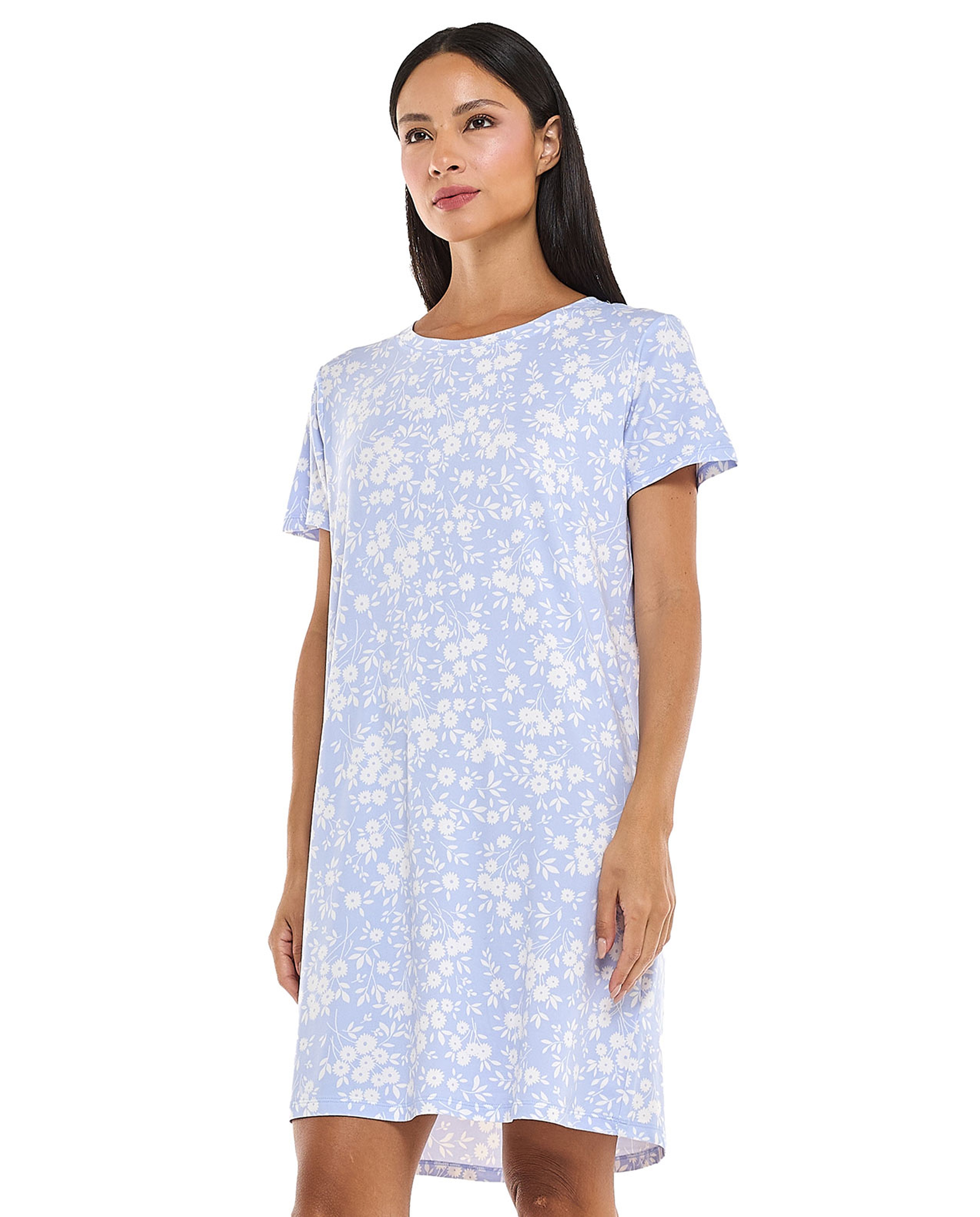 Floral Patterned Nightdress with Crew Neck and Short Sleeves