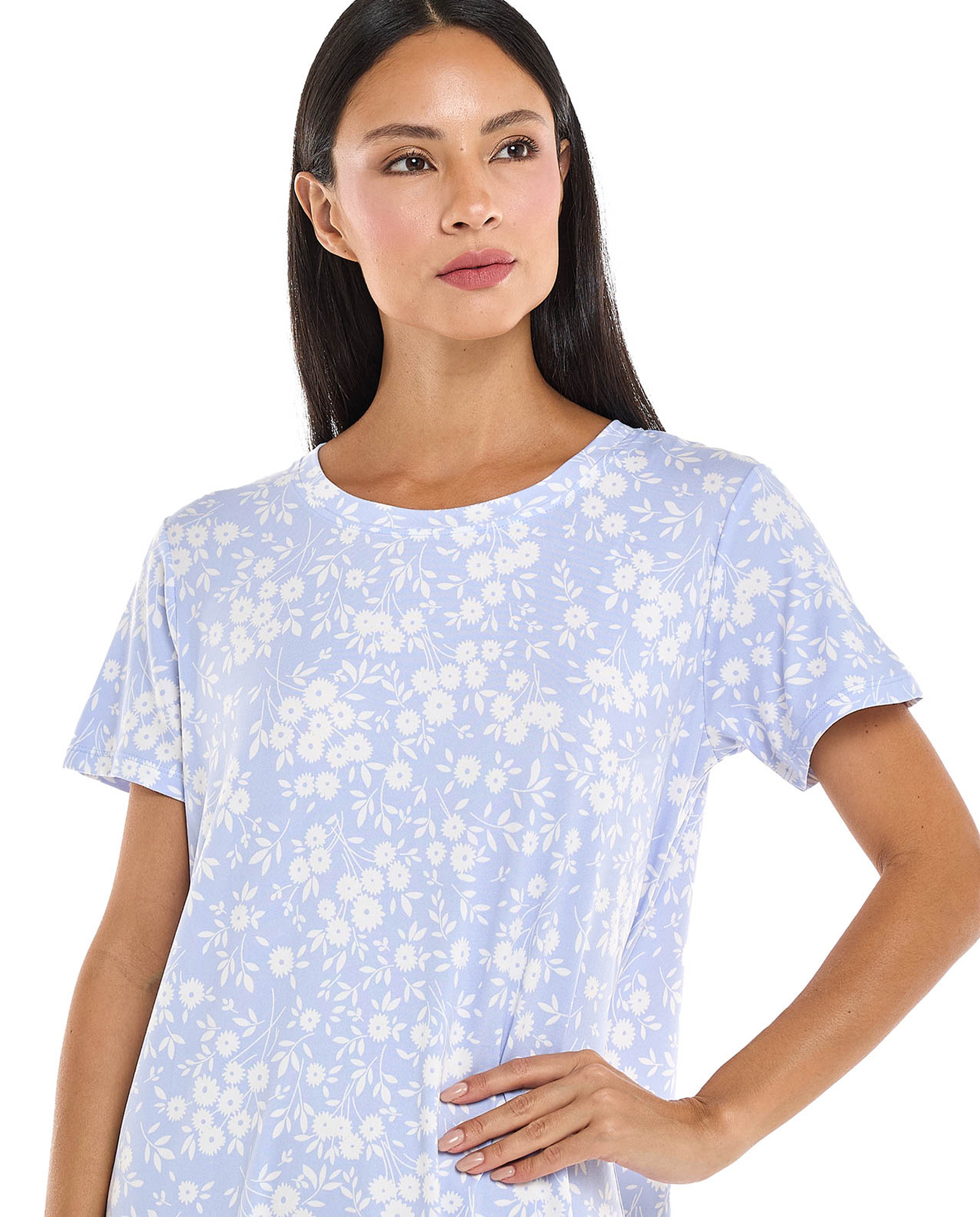 Floral Patterned Nightdress with Crew Neck and Short Sleeves
