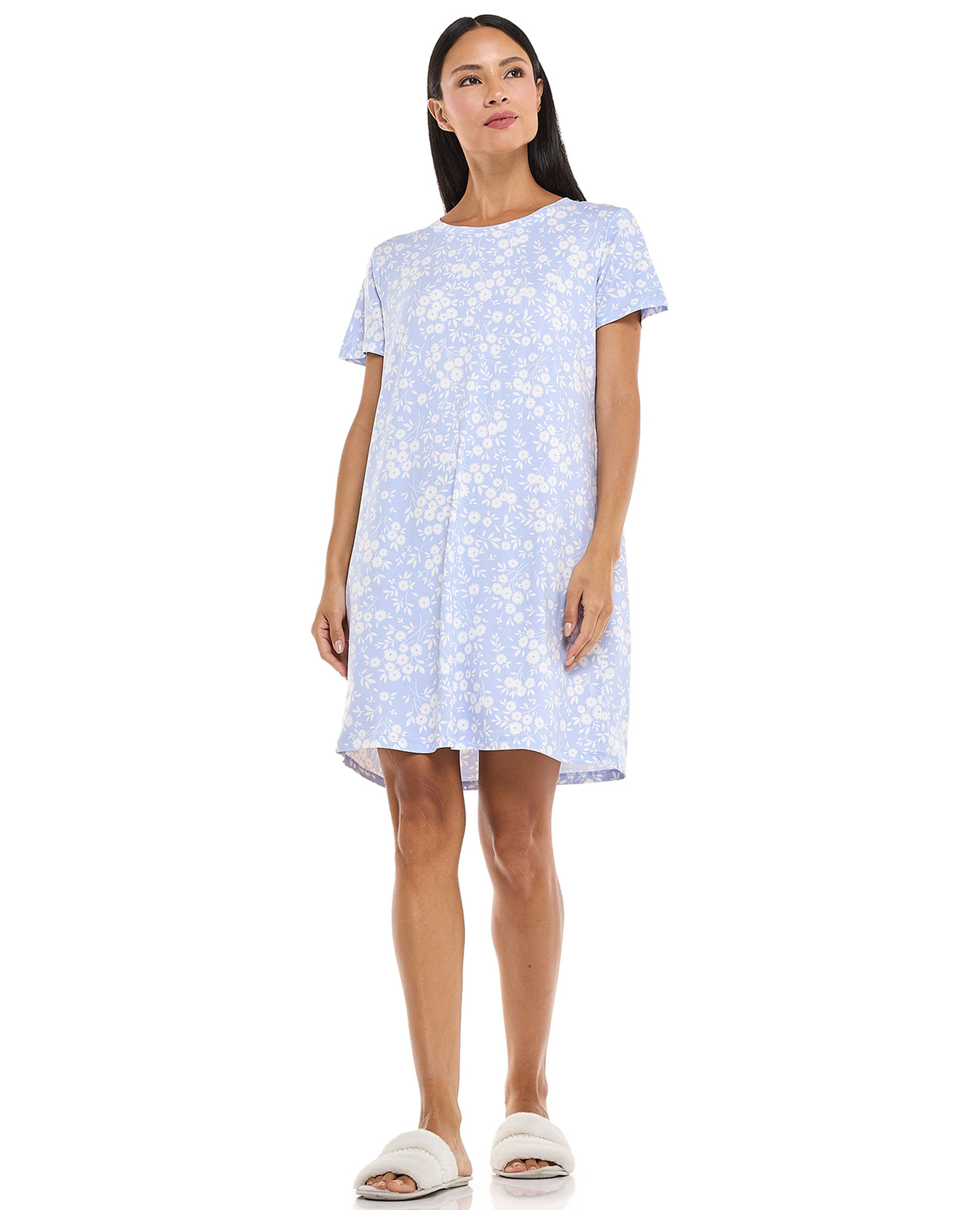 Floral Patterned Nightdress with Crew Neck and Short Sleeves