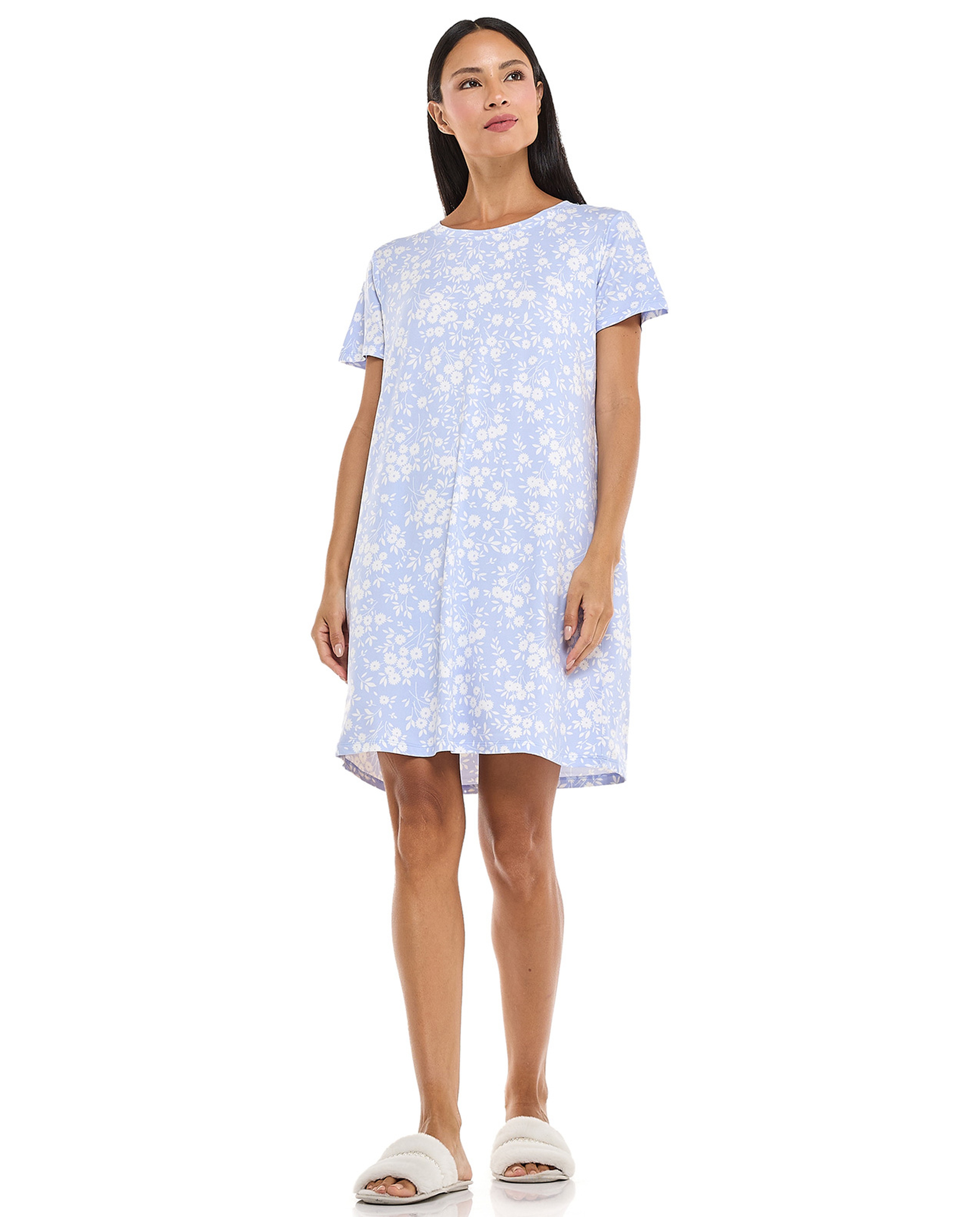 Floral Patterned Nightdress with Crew Neck and Short Sleeves