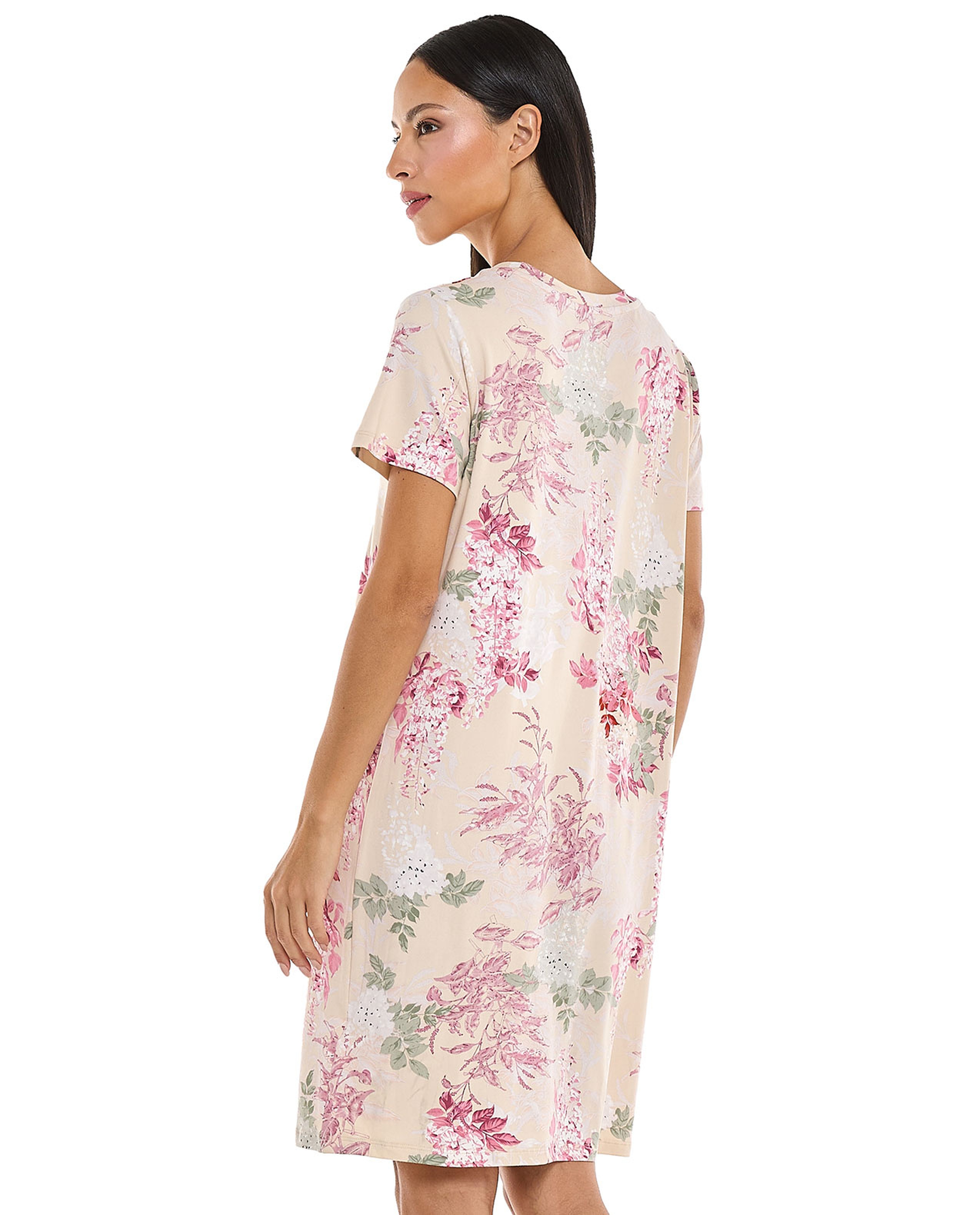 Floral Patterned Nightdress with Crew Neck and Short Sleeves
