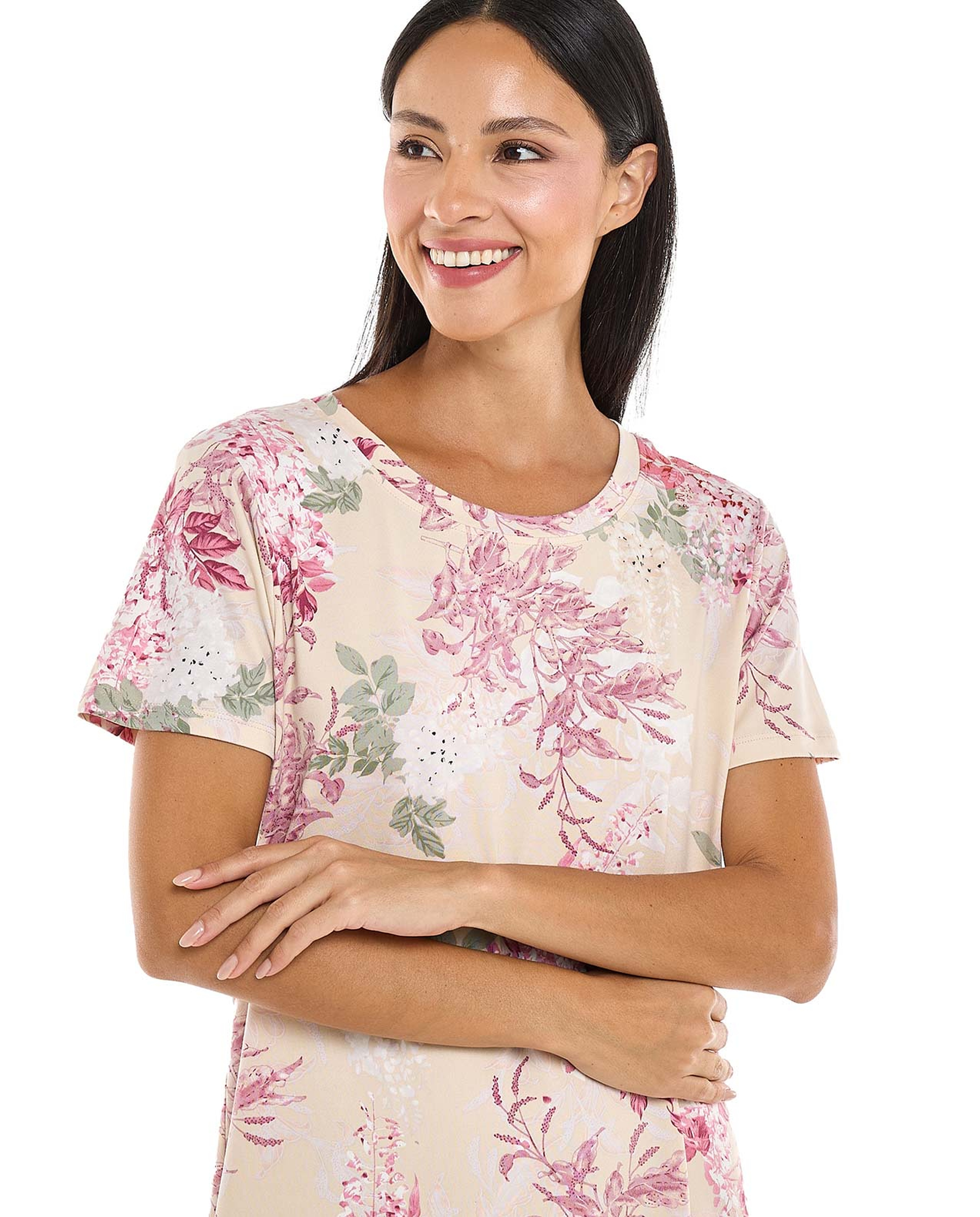Floral Patterned Nightdress with Crew Neck and Short Sleeves