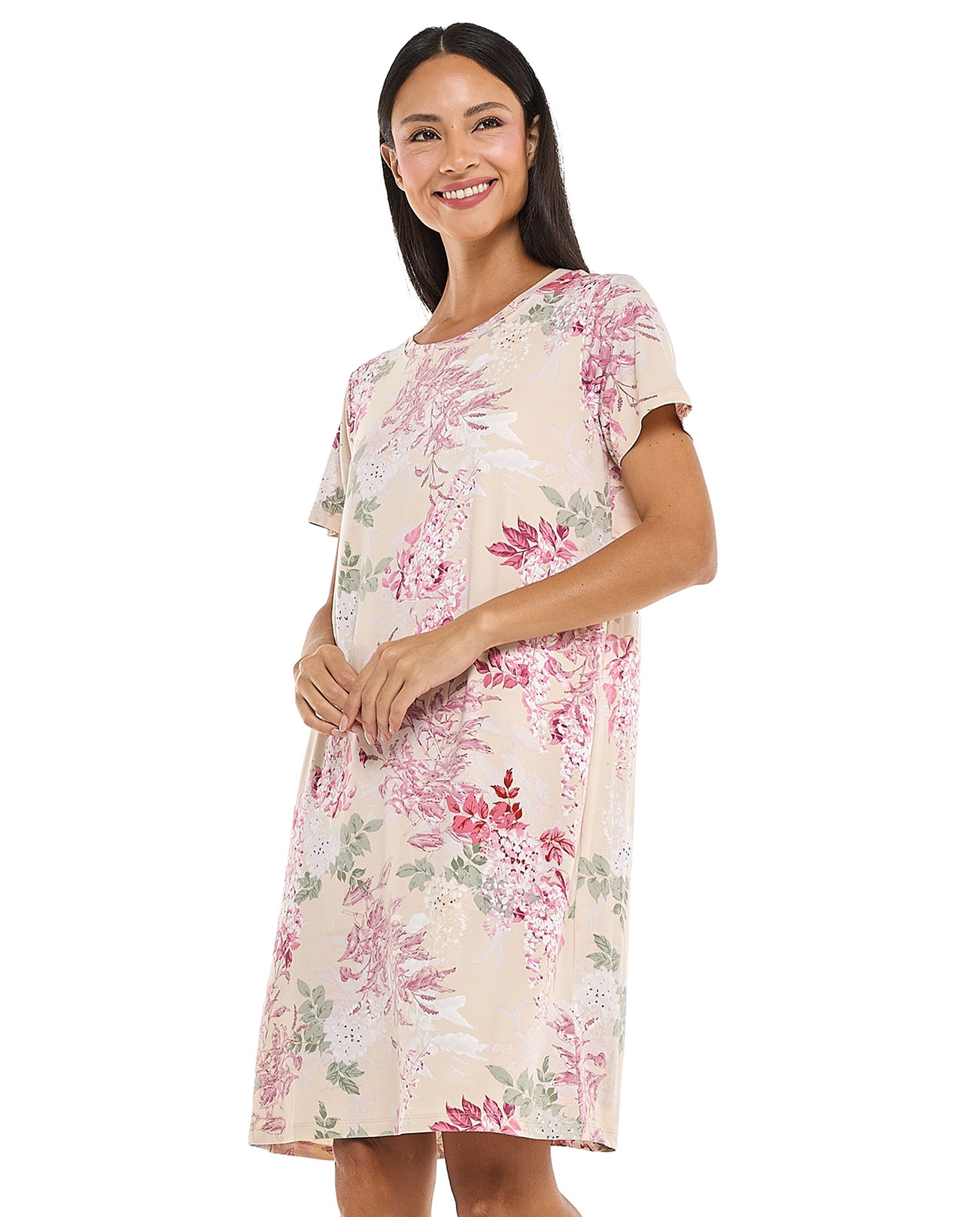 Floral Patterned Nightdress with Crew Neck and Short Sleeves