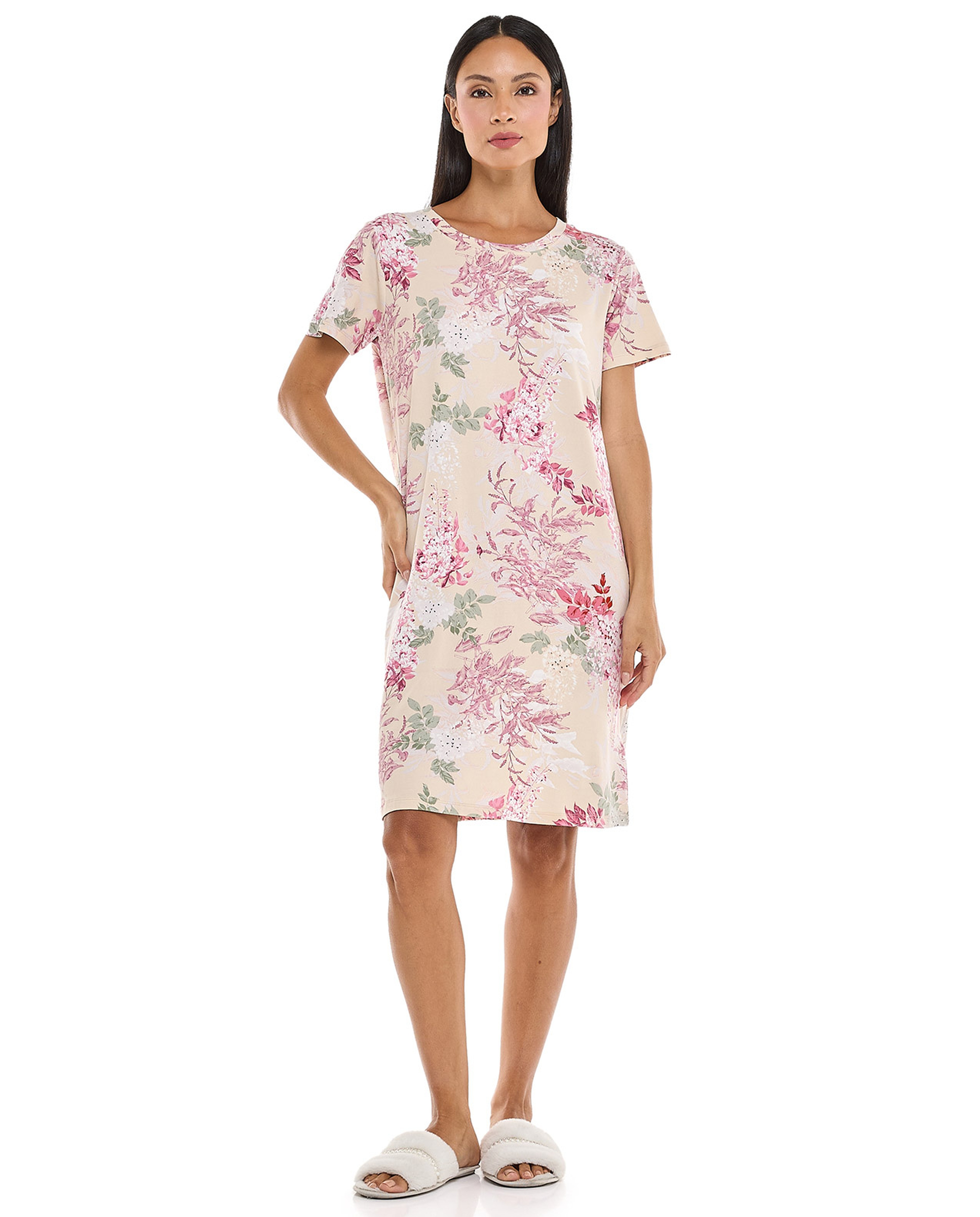 Floral Patterned Nightdress with Crew Neck and Short Sleeves