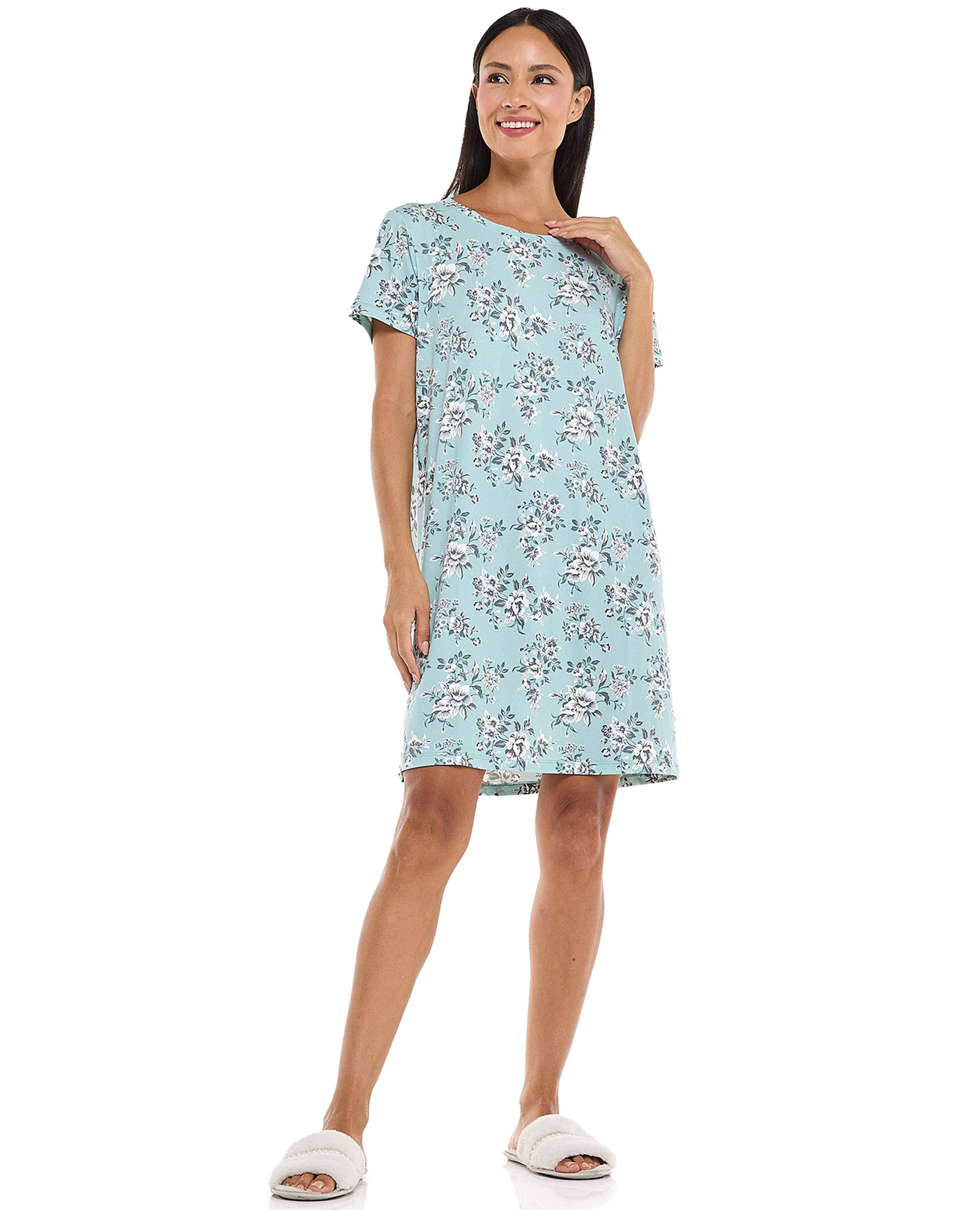 Floral Patterned Nightdress with Crew Neck and Short Sleeves