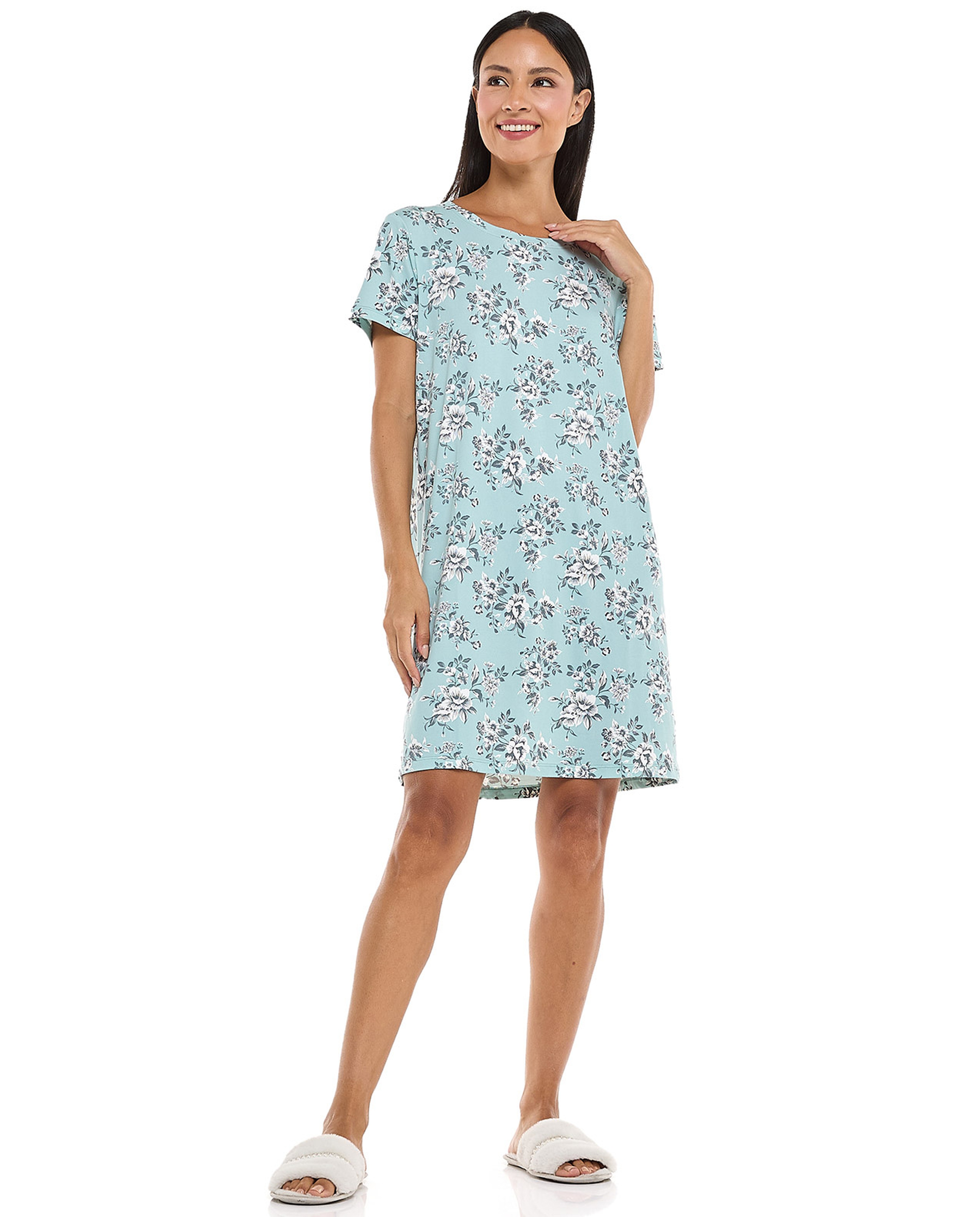 Floral Patterned Nightdress with Crew Neck and Short Sleeves