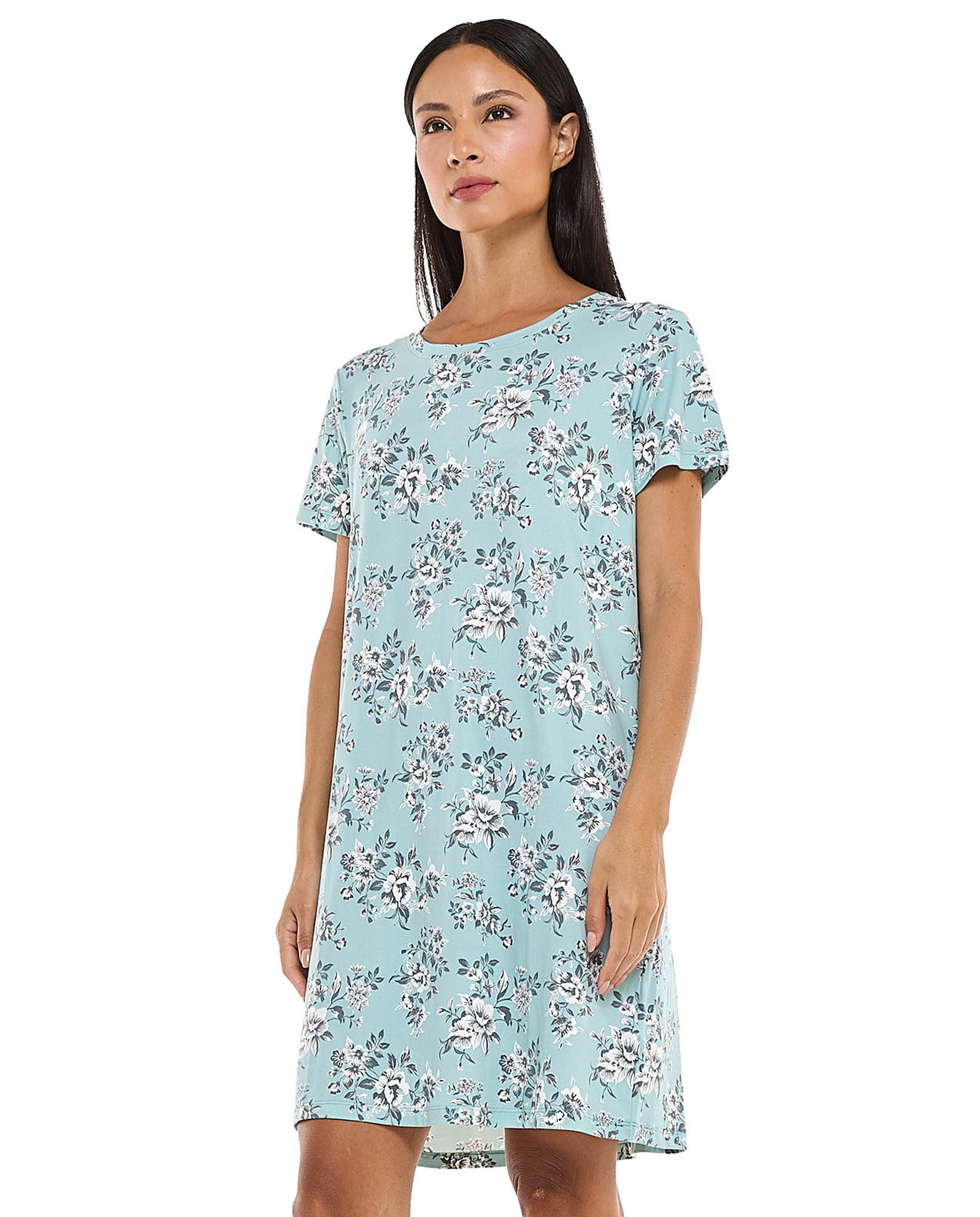 Floral Patterned Nightdress with Crew Neck and Short Sleeves