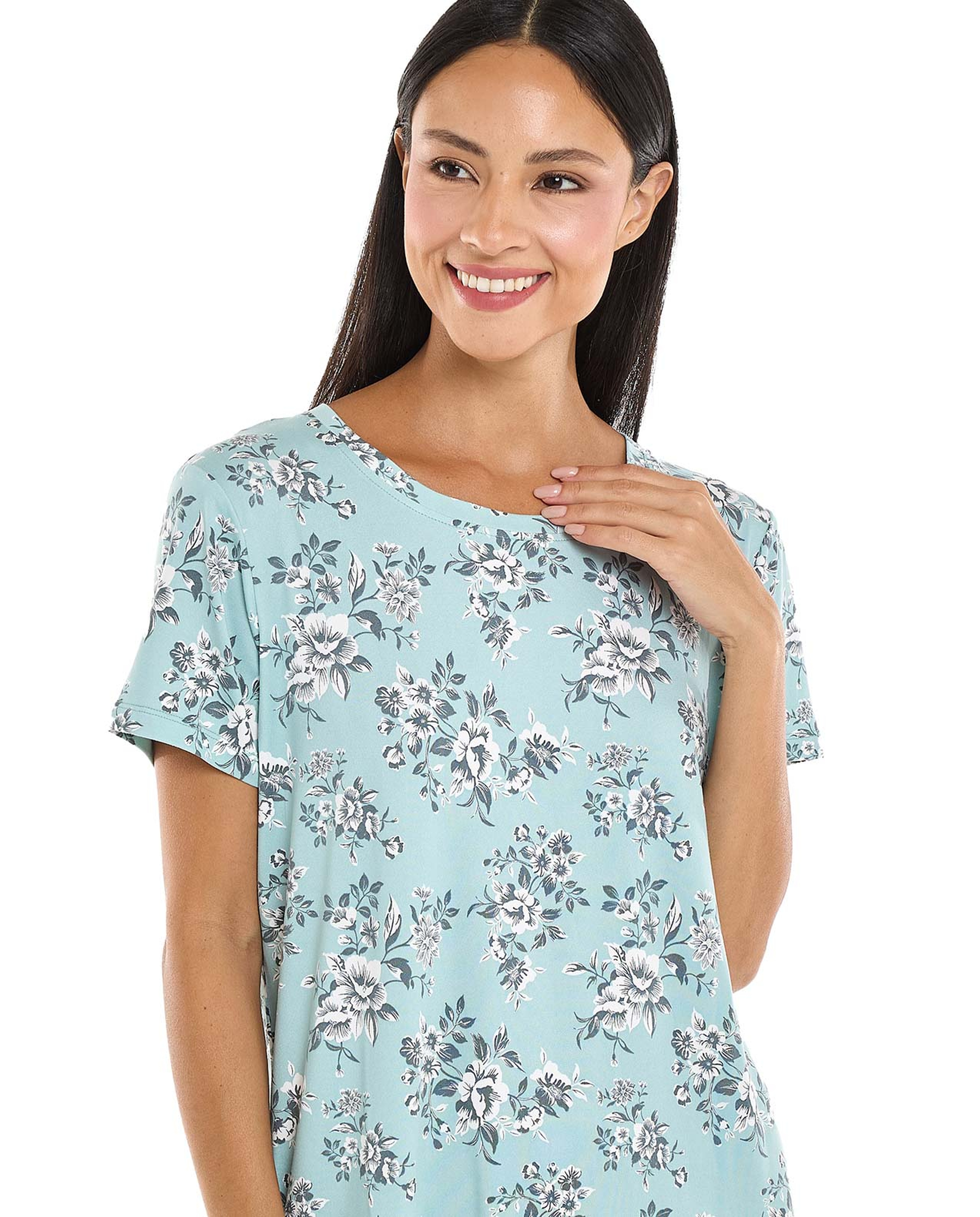 Floral Patterned Nightdress with Crew Neck and Short Sleeves